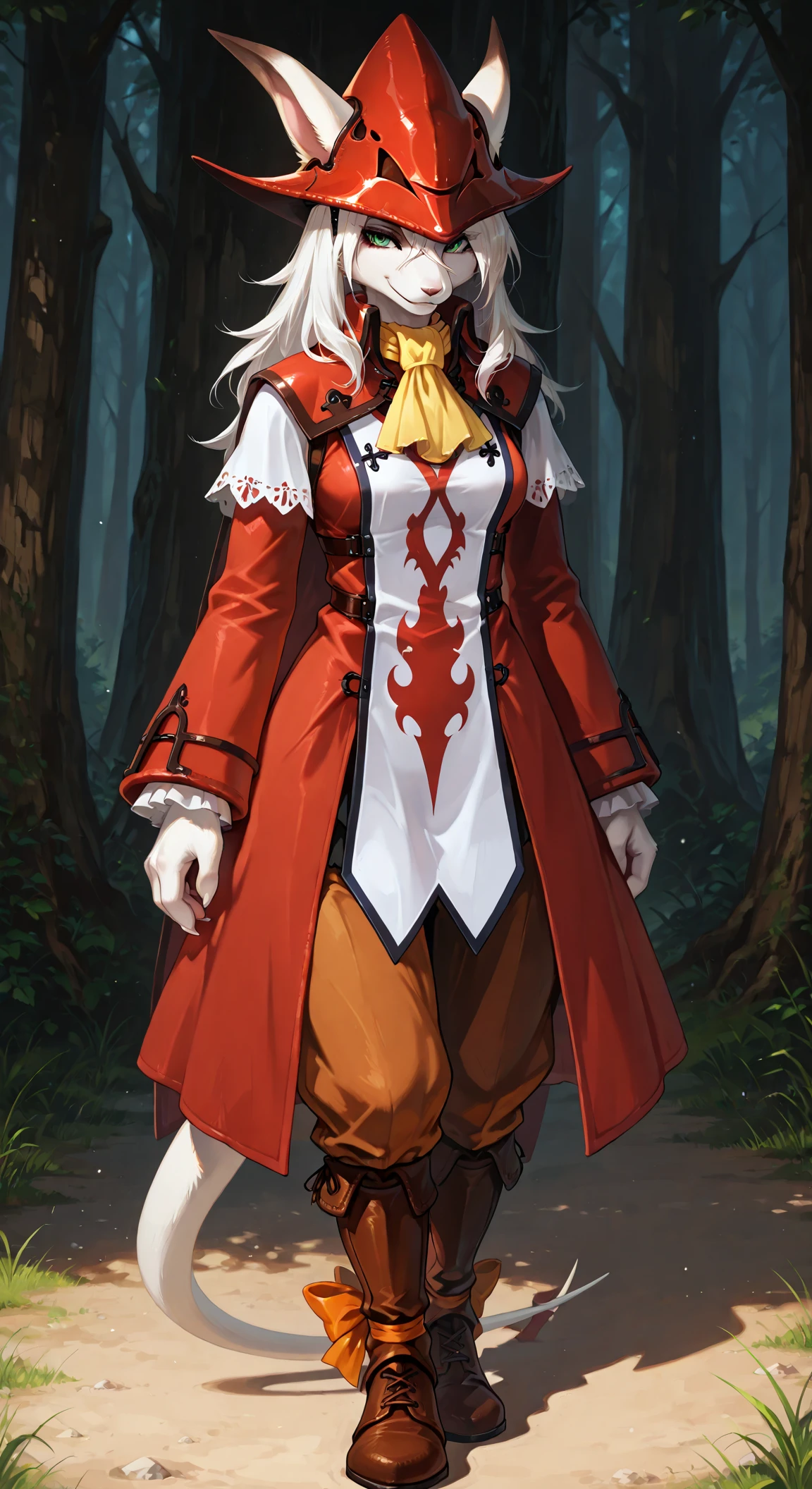 <lora:add-detail-xl:0.8>,<lora:Freya10:0.8>,FreyaC,female,white fur,white hair,furry girl, green eyes,tail,red dragoon hat,red dragoon coat,ascot,dragoon tabard,orange dragoon pants,orange tailbow,brown gaiters,seductive smile,