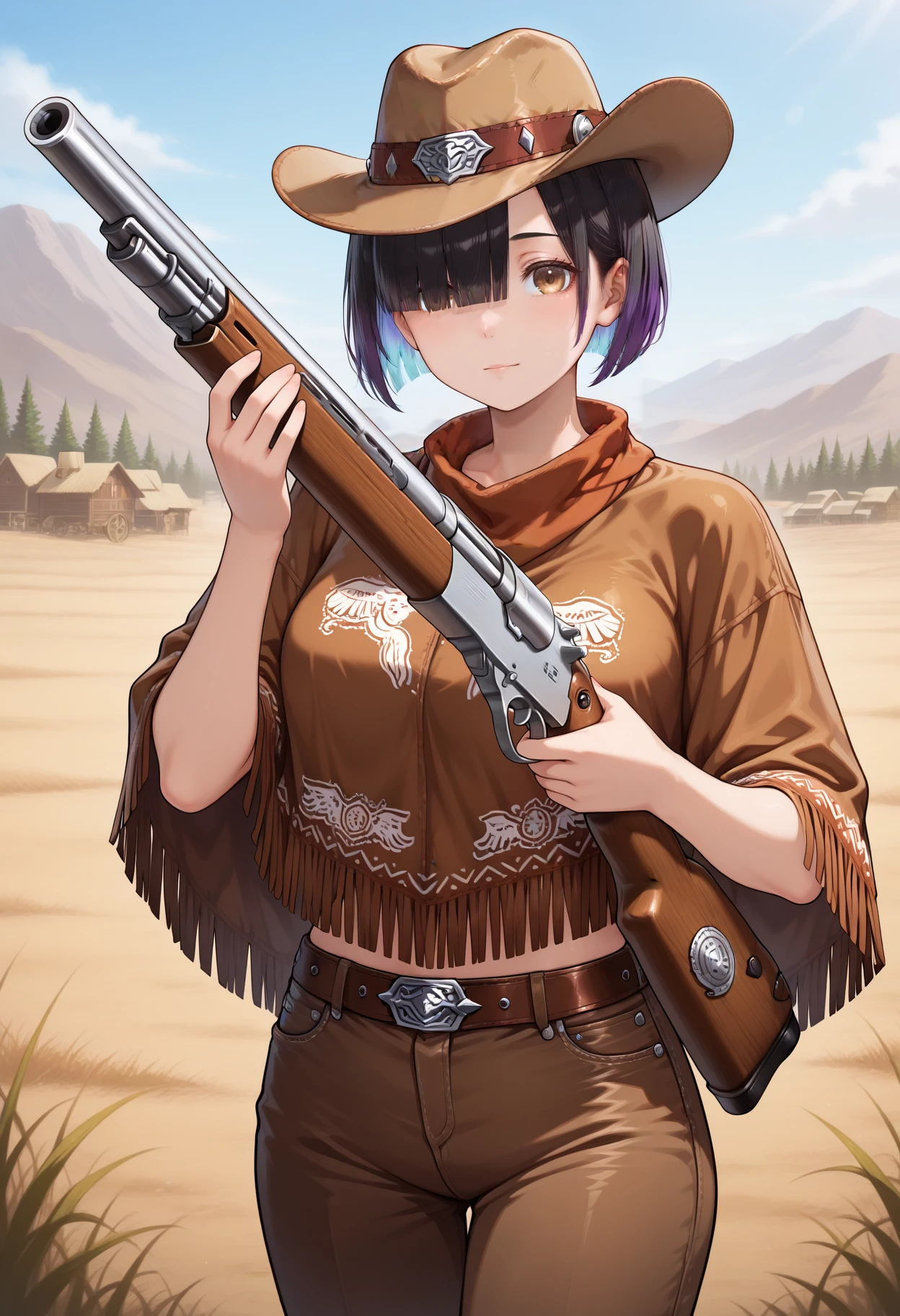1girl, <lora:HodrFEH-IL:0.8> hodrFEH.
a portrait of a girl aiming with a rifle. 
short hair, black hair, gradient hair, blunt bangs, cowboy hat, hair over one eye, brown eye,
cowboy, cowboy poncho, 
holding rifle, 
cowboy shot, outdoors, cowboy western, 
masterpiece, perfect quality, best quality, absolutely eye-catching