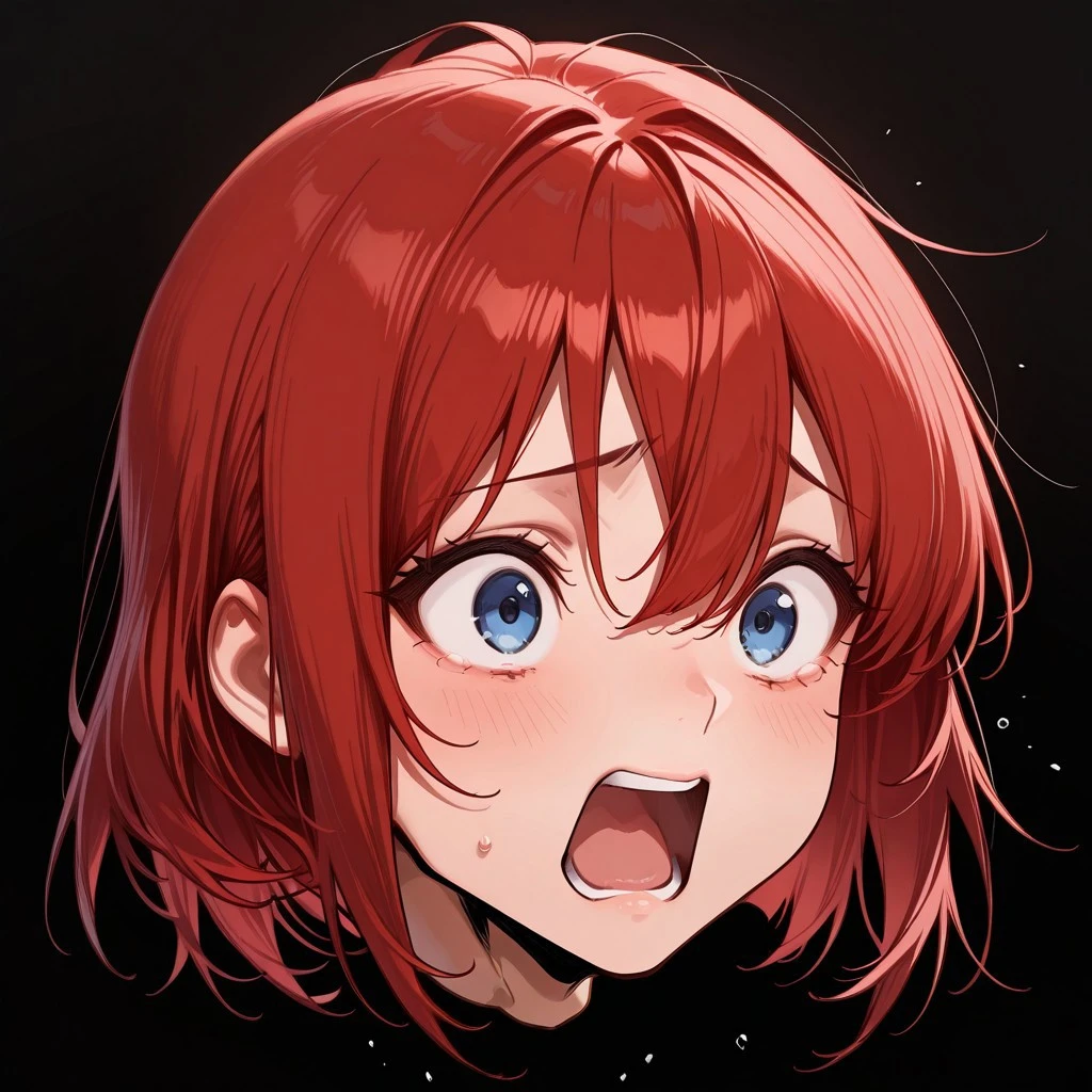 score_9, score_8_up, score_7_up, (solo), (1girl), red hair, bangs, medium hair, hair between eyes, blue eyes,
(Disembodied head floating), screaming, wide eyes, worried,
(black background),
(masterpiece), (amazing artwork),