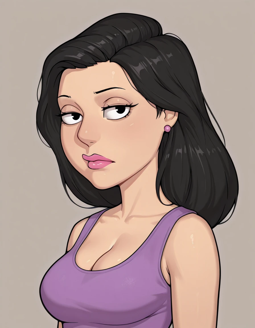 <lora:BonnieFGIllustrious1.0JLFO:0.8> bonnie, 1girl, long hair, black hair, solo, purple dress, earrings, lipstick, breasts, cleavage, black eyes, looking at viewer,portrait, upper body, simple background, asura \(asurauser\),