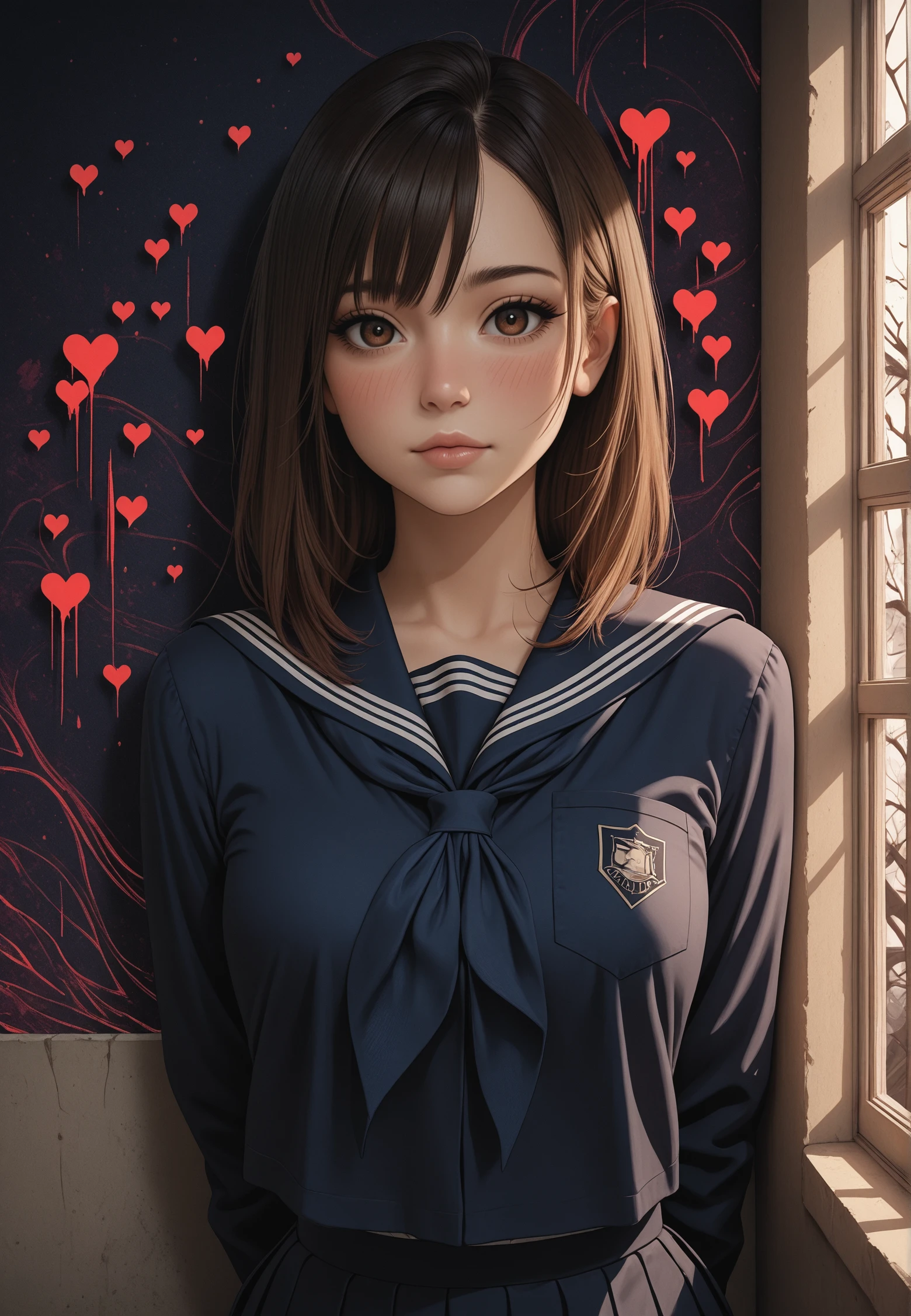 masterpiece, best quality, looking at viewer,
1girl, brown eyes, school uniform, detailed eyes, window, upper body, leaning against wall, hands behind back, shyly, blush, floating hearts, abstract background,
Splash Art, light from one side, dark shadows,