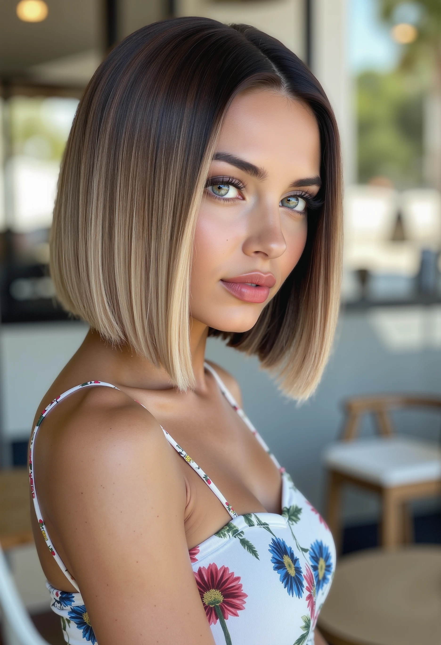 beautiful woman with haist001 sleek and straight blunt-cut bob. The hair transitions from dark brown roots to icy blonde tips, with a smooth, silky texture. Chin-length with a slight inward curve. detailed wonderful blue eyes, little cute nose, dark red lipstick, wearing loose fit summer dress. The summer dress have flowers pattern and is shoulder free. Stitting in at a beach bar.