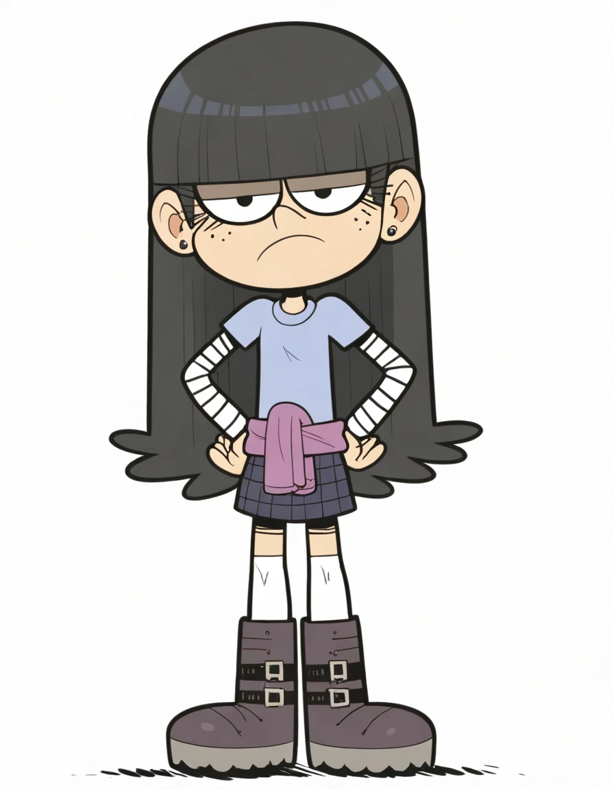 embedding:zPDXL3, rating_safe, source_cartoon, score_9, score_8_up, score_7_up,
white background, simple background, 1girl, solo, chibi, full body, standing, hands on hips, looking at viewer, half-closed eyes, frown,
magg13, black hair, freckles, stud earrings, blue shirt, short over long sleeves, sweater around waist, plaid skirt, white thighhighs, knee boots