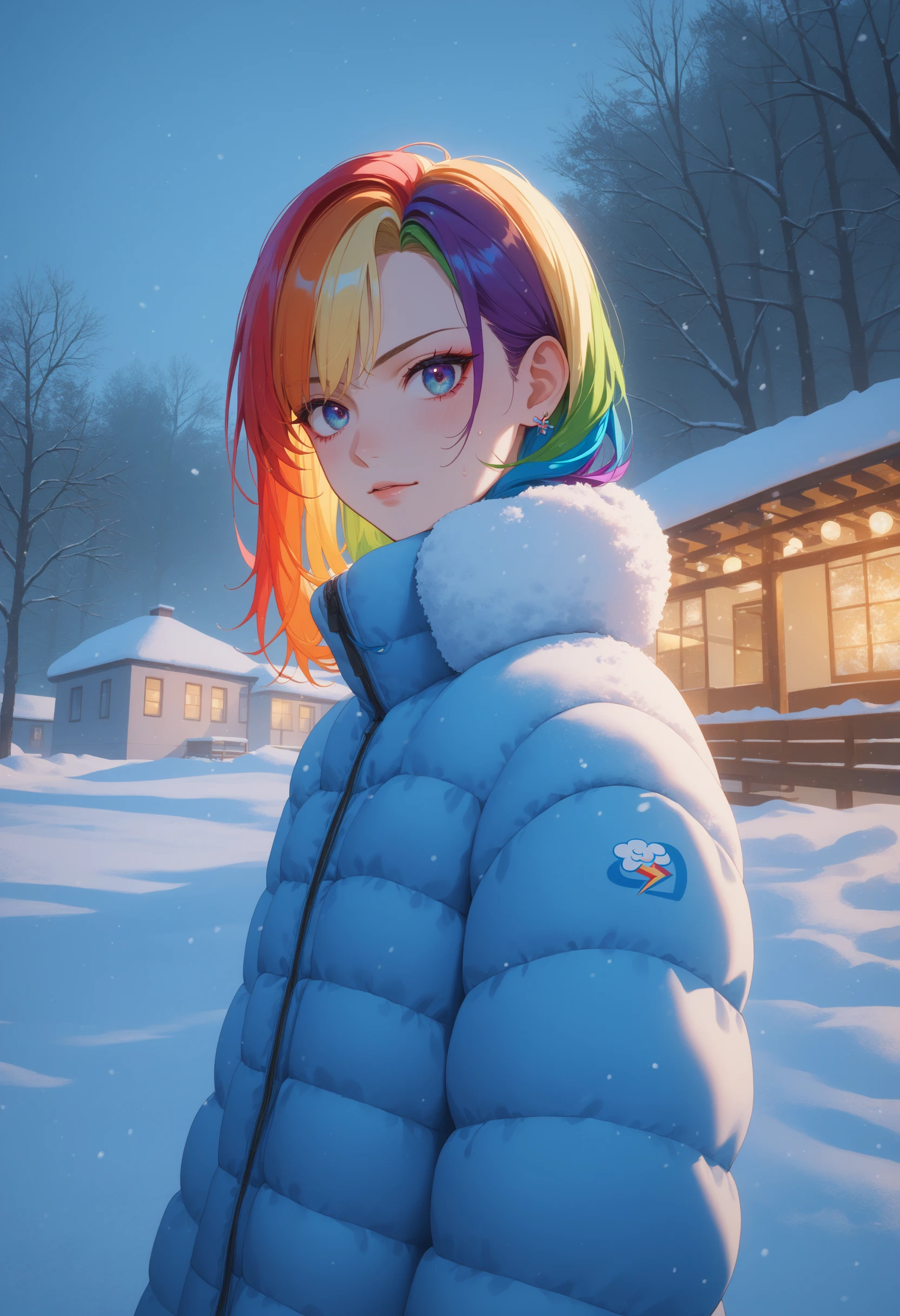 anime artwork score_9, score_8_up, score_7_up, glamour upper body, a russian fashion model, 21yo, dutch angle, defined jawline, (rainbow colour hair), slightly curled, tone down lighting, outside, snow, (winter fashion), (cold and warm colors), high-resolution details, photographic, fine texture . anime style, key visual, vibrant, studio anime,  highly detailed