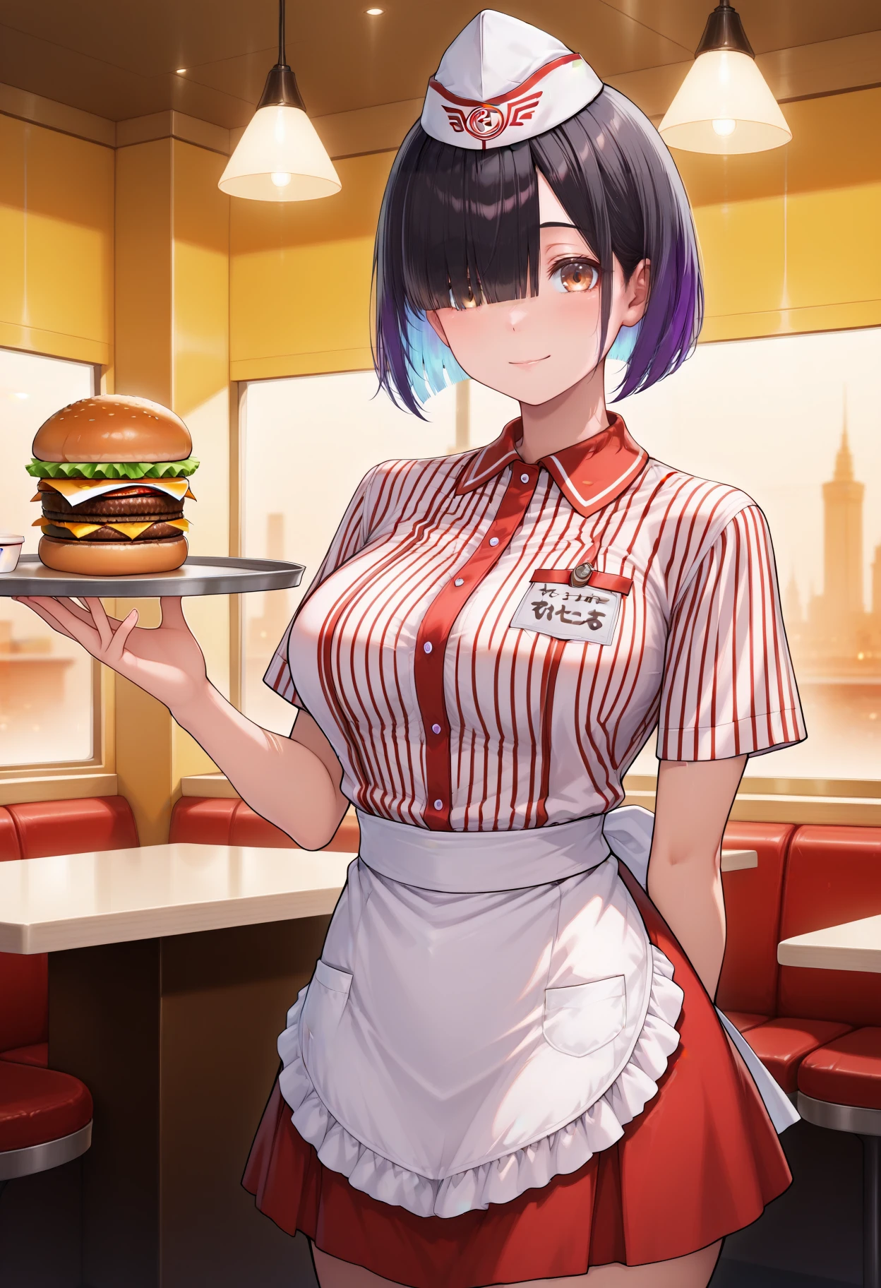 1girl, <lora:HodrFEH-IL:1> hodrFEH.
an illustration of a waitress. she is holding a tray.
short hair, black hair, gradient hair, blunt bangs, white paper cap, hair over one eye, brown eye, 
red striped shirt, name tag, red striped skirt, waist apron, 
holding tray, burger, arm behind back, 
cowboy shot, 
night, diner, dim lighting,
masterpiece, perfect quality, best quality, absolutely eye-catching,