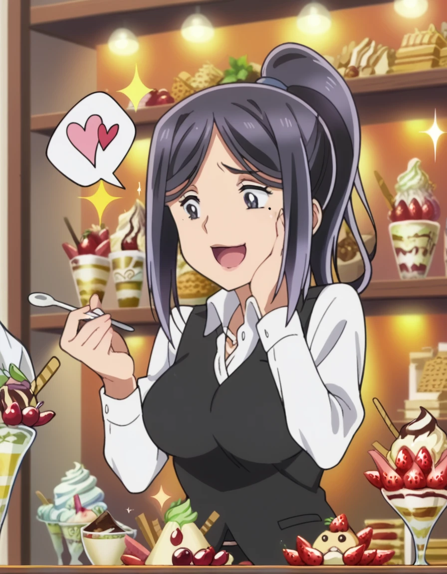 score_9, score_8_up, score_7_up, source_anime, <lora:utako-sakura-s1-ponyxl-lora-nochekaiser:1>, utako sakura, large breasts, black hair, ponytail, mole, black eyes, mole under eye, anime screencap, <lora:parfait-ponyxl-lora-nochekaiser:1>, parfait, open mouth, heart, food, sparkle, fruit, happy, hand on own face, spoken heart, ice cream, strawberry, spoon, hand on own cheek, cherry, holding spoon,, , cowboy shot, solo