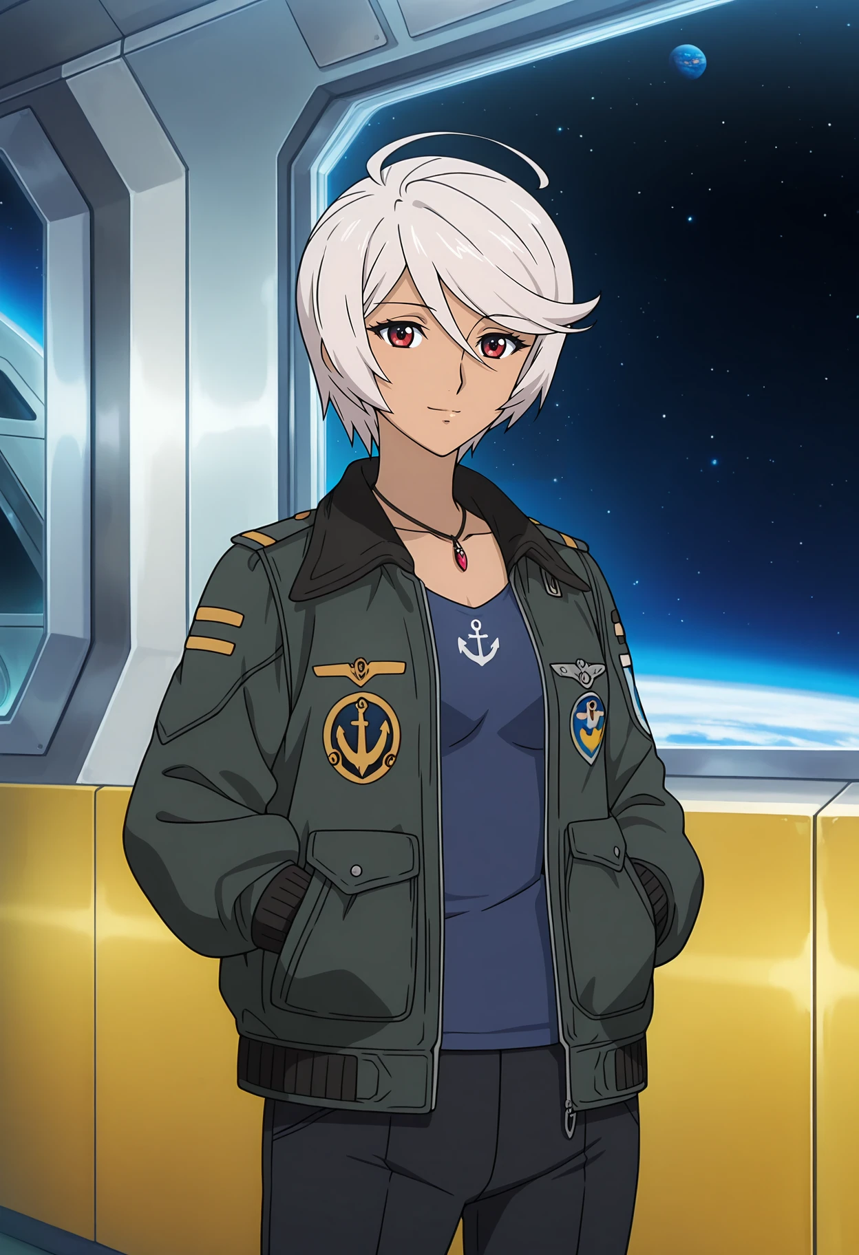 (masterpiece, best quality, detailed), 1girl, solo, looking at viewer, YamamotoAkira, grey hair, short hair, red eyes, ahoge, AkiraPilotSuit, pilot suit, belt, black bodysuit,
cockpit, spacecraft, science fiction, space, sitting, from side, parted lips, smile,