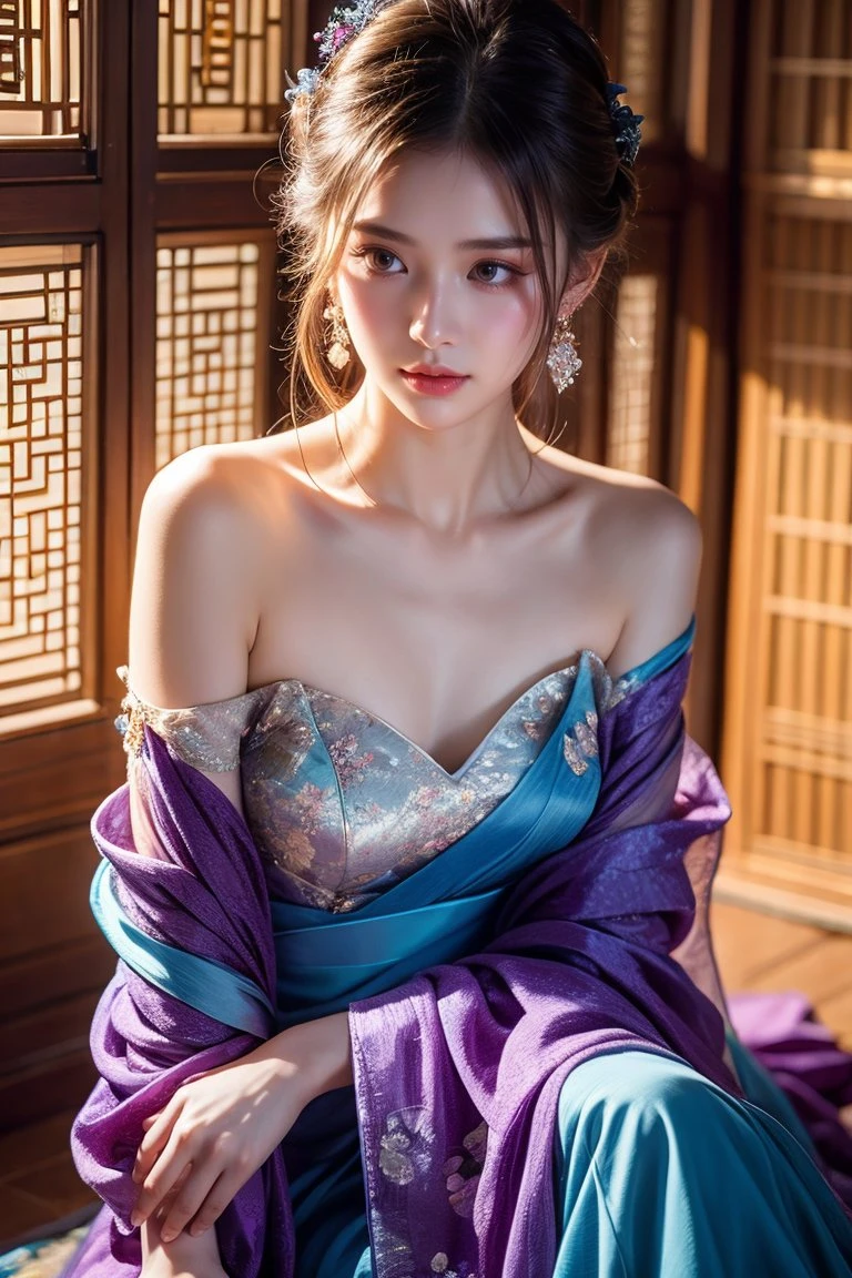 photorealistic, ultra realistic, masterpiece, best quality, HDR,UHD,8K,woman, purple dress, traditional attire, hanfu, intricate patterns, floral design, off-shoulder dress, long dress, blue and purple colors, hair ornaments, floral hair accessories, braided hairstyle, hairpins, dangling earrings, seated pose, delicate jewelry, chin-length earrings, indoor setting, lattice background, artistic photography, fashion, elegant, cultural clothing, historical reference, decorative details, feminine, delicate, graceful, subtle hand gesture, evening wear,<lora:Add More Details - Detail Enhancer _ Tweaker:0.5>, <lora:本地炼丹修手2:0.4> <lora:hans-修脚3:0.4>