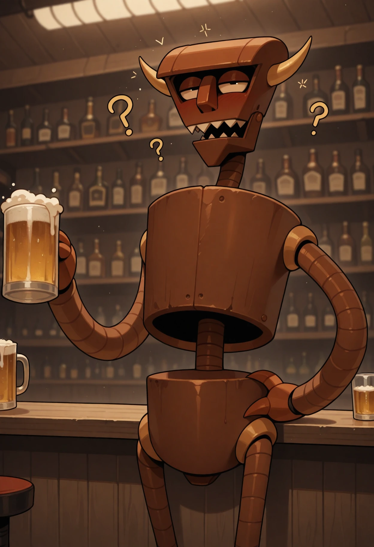 masterpiece, best quality, amazing quality, 1boy, solo, b33lz3b0t, humanoid robot, pub, holding beer, drunk, confused, question mark, squinting
