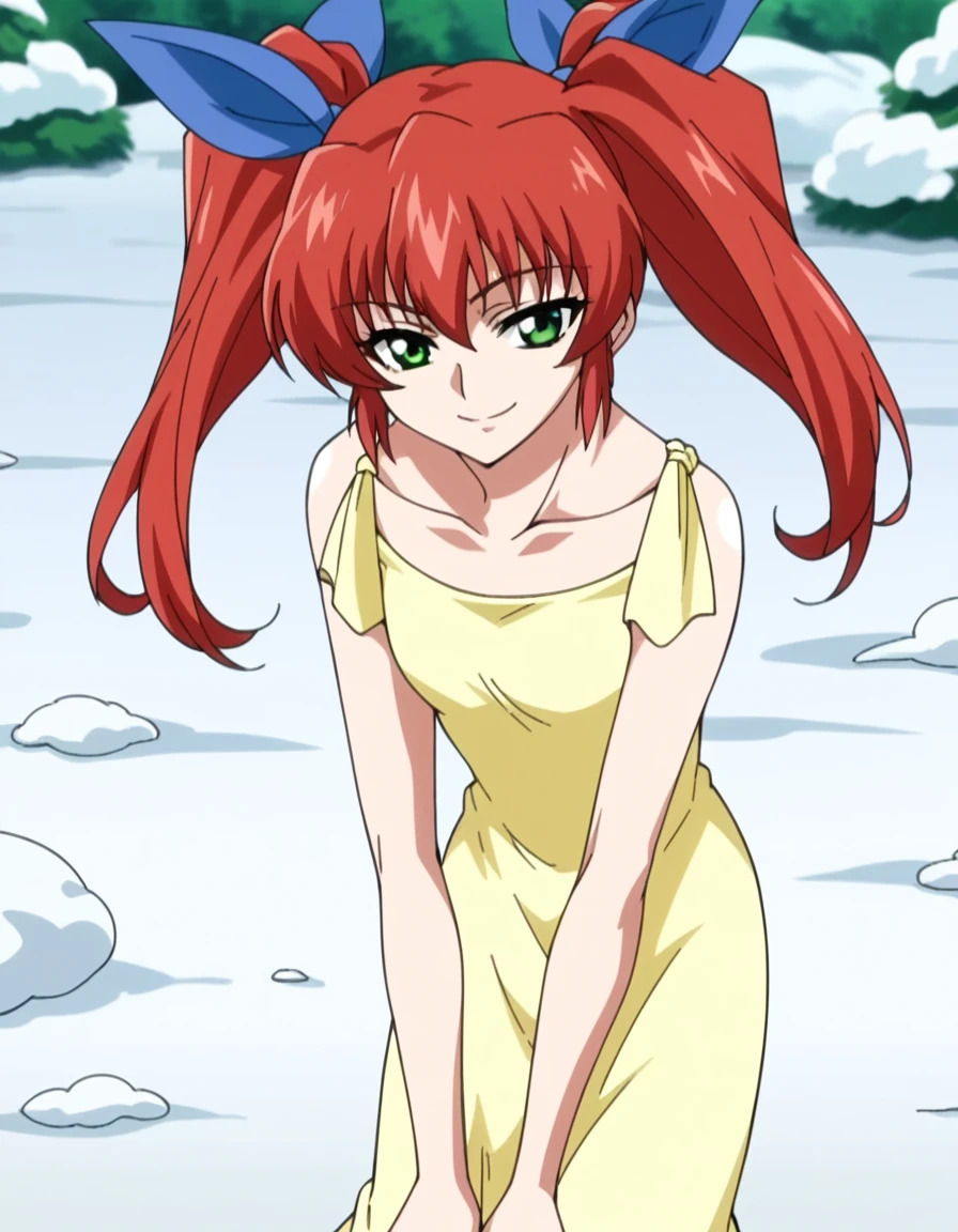 score_9, score_8_up, score_7_up, source_anime, <lora:takane-hiiragi-ova-ponyxl-lora-nochekaiser:1>, takane hiiragi, small breasts, mature female, green eyes, red hair, twintails, two side up, hair ribbon, blue ribbon, anime screencap, dress, yellow dress, collarbone, bare shoulders,, snow day, winter clothes, snowball fight, laughter, cold breath, white landscape, smile, hands on own knees, looking at viewer, solo,, cowboy shot, solo