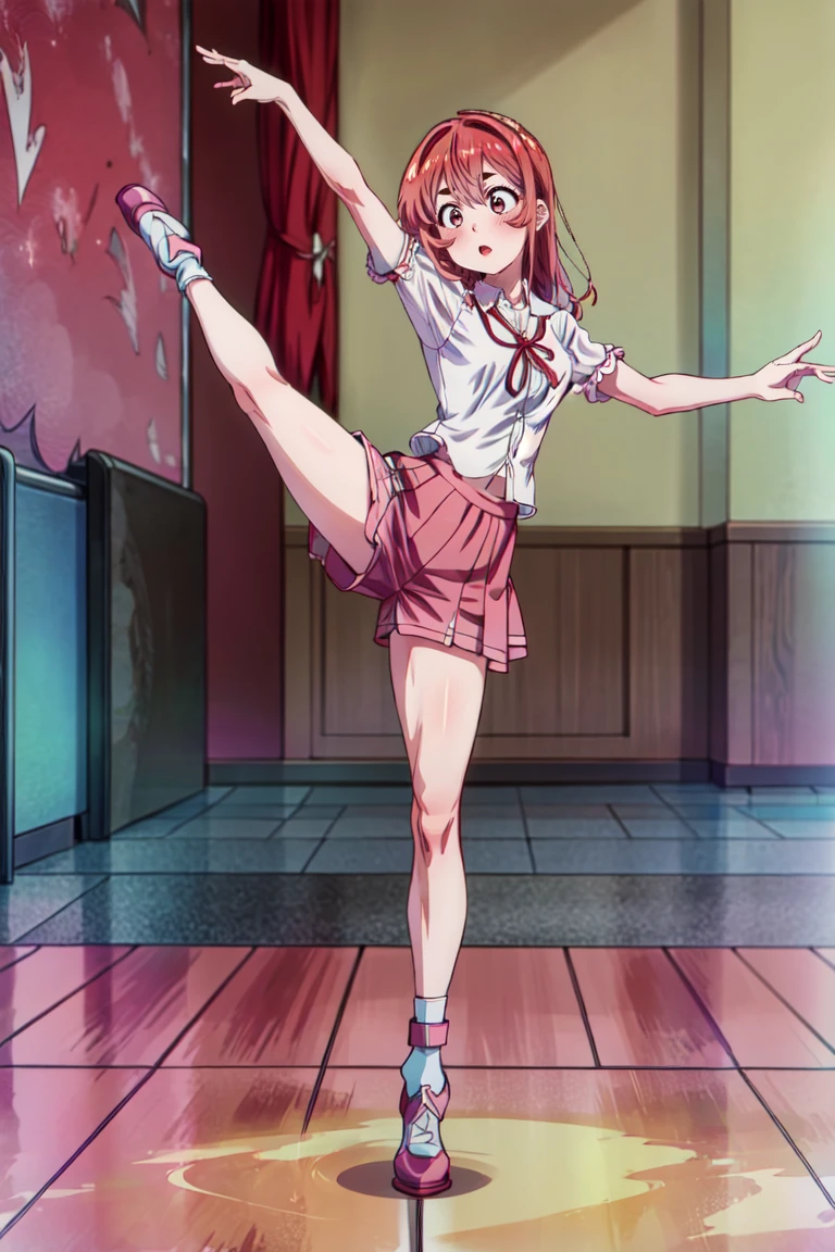 <lora:add_detail:1> , (masterpiece, best quality) ,a girl , <lora:arabesquepos:0.7> arabesquepos , leg up , standing with one leg <lora:sumi-kanokari-01:1> , sumi sakurasawa, skirt ,shorts