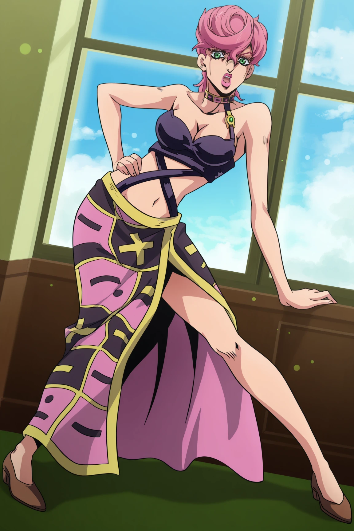 absurdres, amazing quality, highres, best quality,
<lora:Monika_Trish_Una:1>, Monika_Trish_Una, 1girl, solo, pink hair, short hair, official style, green eyes, pink lips, lips, (looking at viewer:1.2), lipstick, closed mouth, hair between eyes, open mouth,
skirt, long skirt, medium breasts, midriff, navel, choker, standing, bare shoulders, hand on own hip, contrapposto, (dutch angle:1.2), (jojo pose:1.2), cleavage, gem, bare legs, close-up, from behind, looking back, hand on floor, knee on floor, full body,
bokeh, depth of field, indoors, blue sky, cloud, window, green window, room,