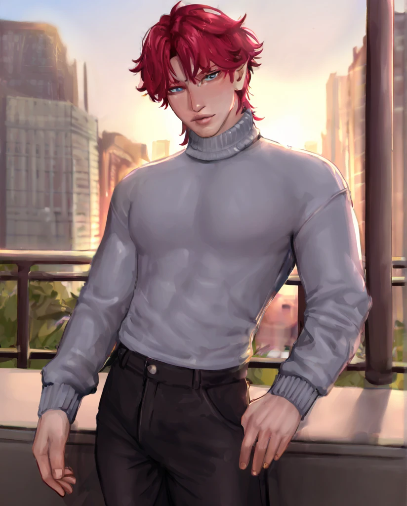 masterpiece, best quality, highres, newest, puririkaaastyle, cowboy shot, red hair, blue eyes, lips, grey turtleneck sweater, black pants, 1boy, solo, male focus, standing, looking at viewer, outdoors, city <lora:Puririkaaa - Style v1.0 [LoRA] - Illustrious-XL v0.1:0.8>