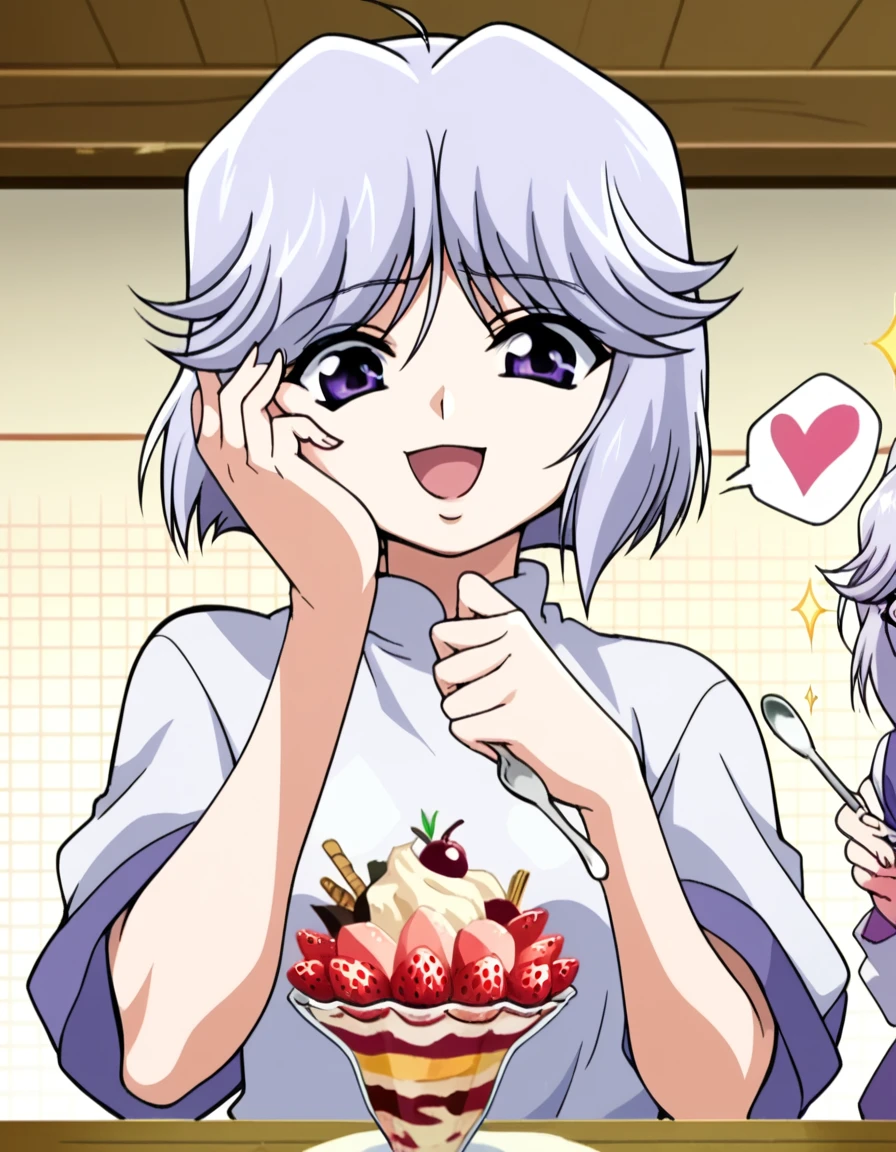 score_9, score_8_up, score_7_up, source_anime, <lora:hinano-hiiragi-ova-ponyxl-lora-nochekaiser:1>, hinano hiiragi, short hair, purple eyes, light purple hair, mature female, small breasts, anime screencap, <lora:parfait-ponyxl-lora-nochekaiser:1>, parfait, open mouth, heart, food, sparkle, fruit, happy, hand on own face, spoken heart, ice cream, strawberry, spoon, hand on own cheek, cherry, holding spoon,, , cowboy shot, solo