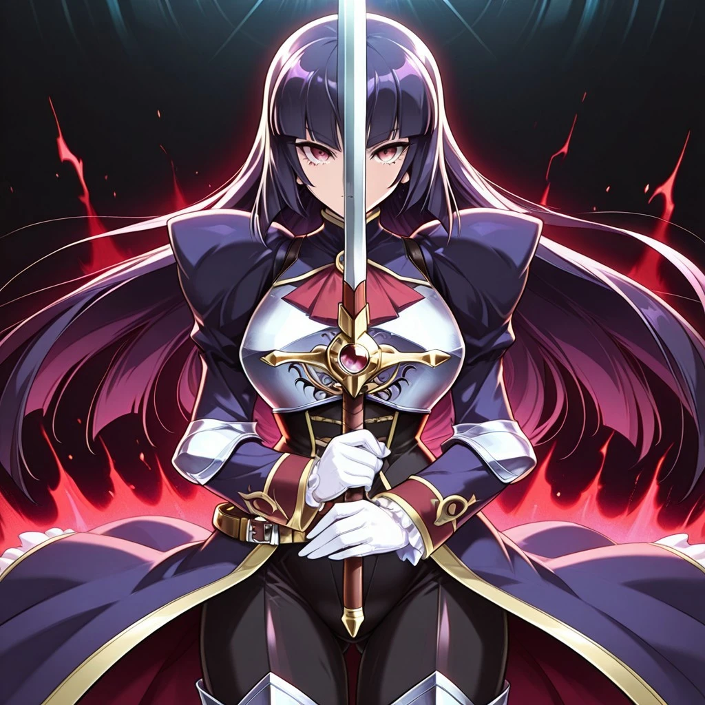 score_9,score_8_up,score_7_up,source_anime,5_figner,2d_animation,game cg,BREKE,1girl,solo
zzSabrina, red eyes, long hair, blunt bangs, sabrina pokemon, purple hair, black hair,
ascot,brooch,white gloves,juliet sleeves,corset,frills,black pants,jewelry,long sleeves,
armor,sword,belt,breastplate,armored blue dress,armored boots,shoulder pad,
swordup, looking at viewer, close-up, holding sword,serious,
huge breasts,thick hips,thick thighs,thick waist,disproportionate breasts,
covered erectile nipples,covered the breast,curves,glamour,
black background,dark,aura,
masterpiece,best qualit,ultra-detailed,illustration,an extremely delicate and beautiful,beautiful detailed eyes,unity 8k wallpaper,high resolution,anime CG,official_art,Erotic_style,