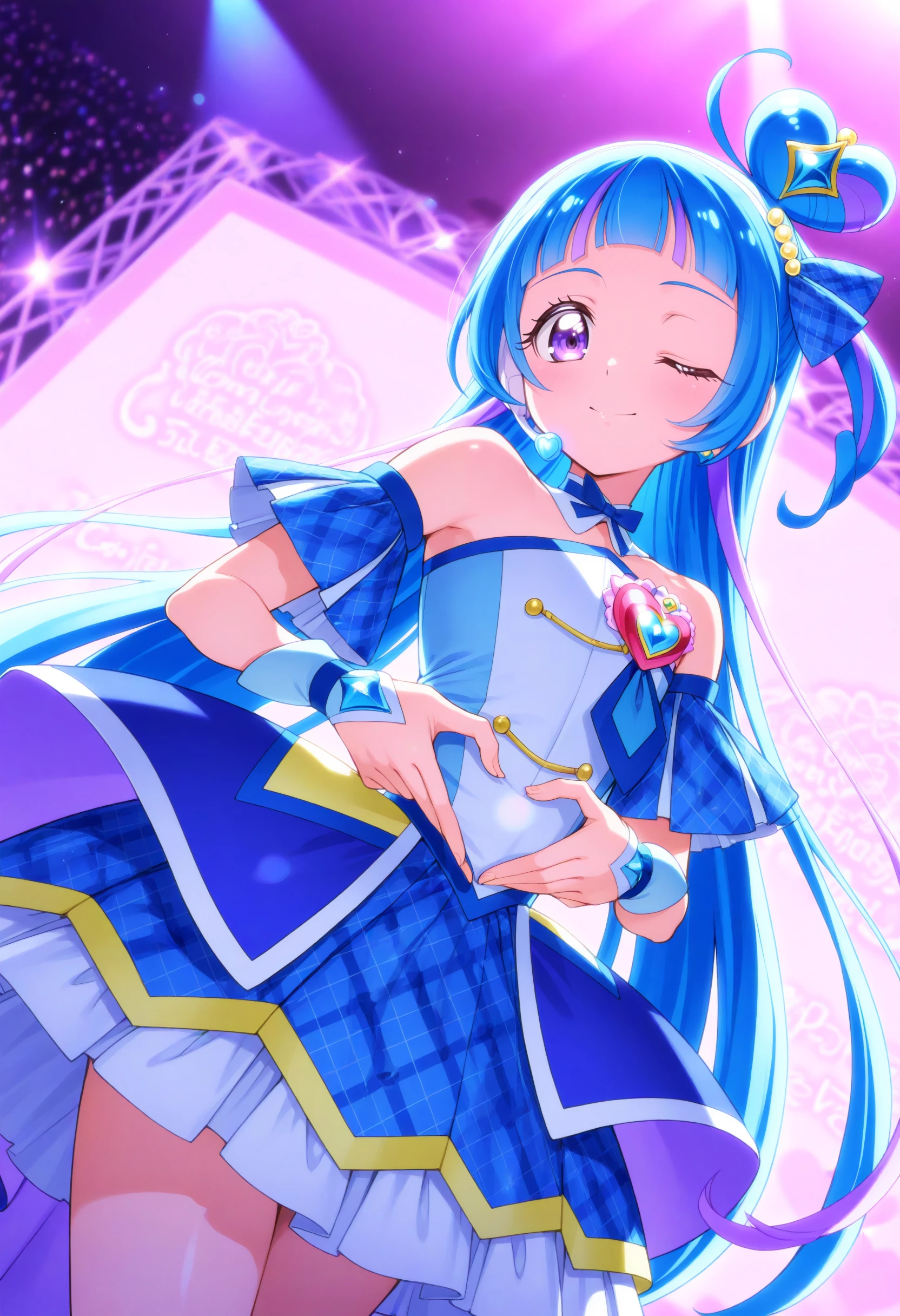 cure wink, kimi to idol precure, blue hair, magical girl, mini crown, purple eyes, blue dress, tilted headwear, very long hair, blunt bangs, bare shoulders, hairband, two-tone hair, purple hair, jewelry, idol clothes, idol, <lora:curewink_Illust_v1:0.8>
masterpiece, best quality, newest, absurdres, CG, anime, source anime, illustration,
heart hands, hands on own stomach,one eye closed,heart brooch, headset,
dutch angle, cowboy shot, looking to the side, frown, centralpark, closed mouth