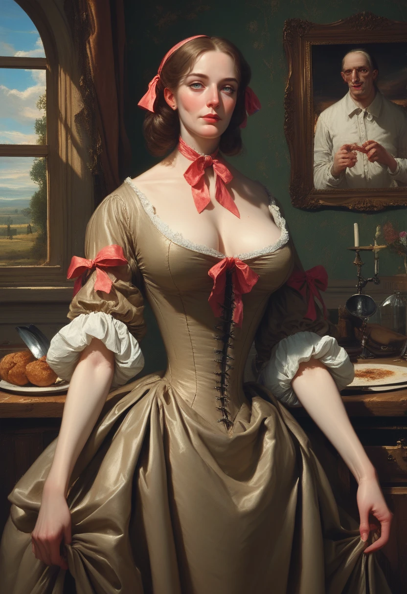 1680-89, butcher's wife, butcher, perfect face, dress, , ribbons, fine art,  painting  by Gerard van Honthorst, dramatic lighting
 <lora:1680-89_PNY:0.9> zPDXL