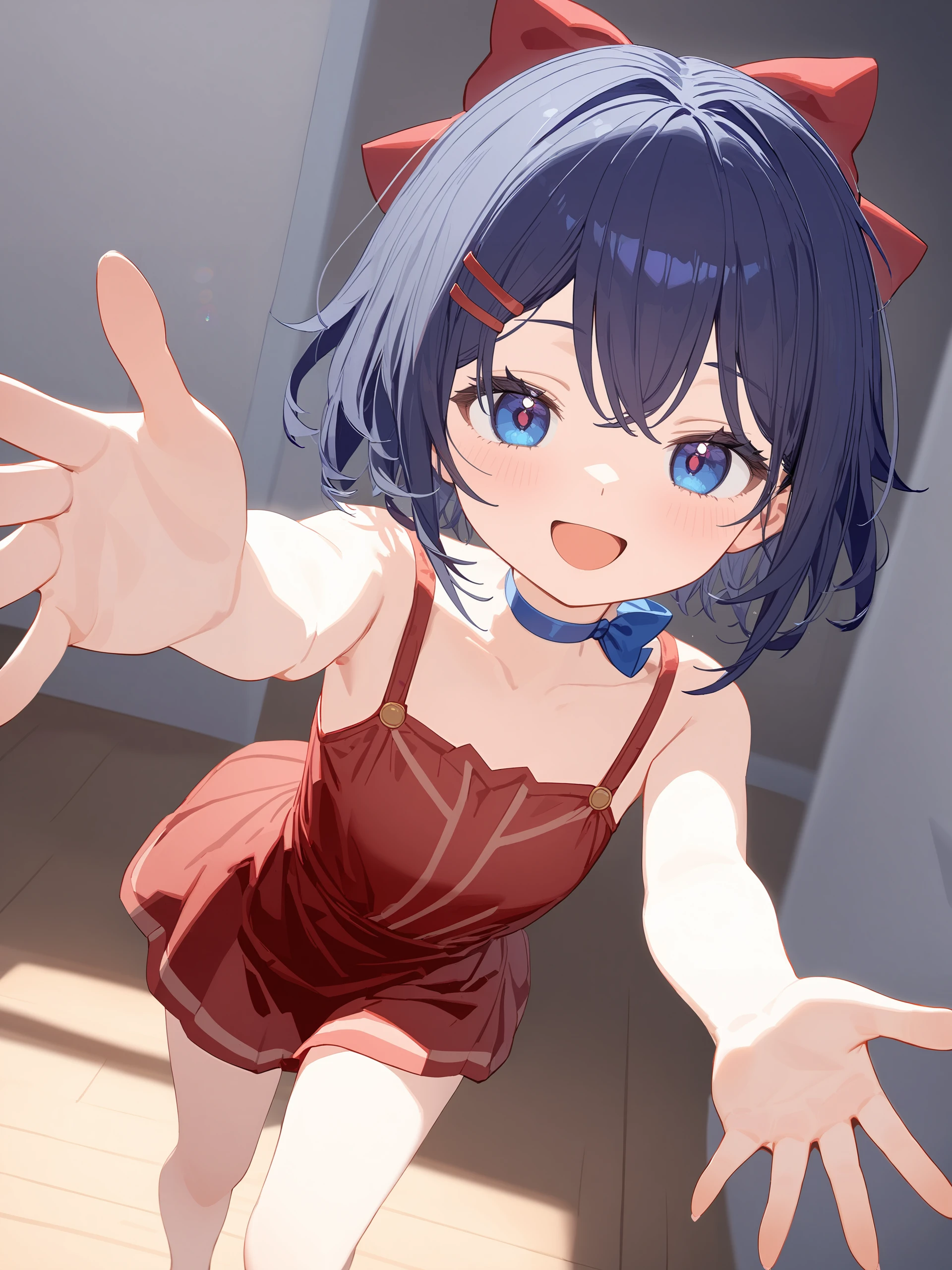 illustration, incredibly absurdres, ultra detailed, masterpiece, best quality, perfect features, intricate details, ray tracing, very aesthetic, <lora:Char-Miside-Mita-V1-SDXL:1:hr=0.6>, 1girl, mita \(miside\), solo, hair bow, short hair, blue choker, red sleeveless dress, barefoot, age down, smile, open mouth, looking at viewer, facing viewer, reaching towards viewer, carry me, cowboy shot, bedroom, indoors, depth of field