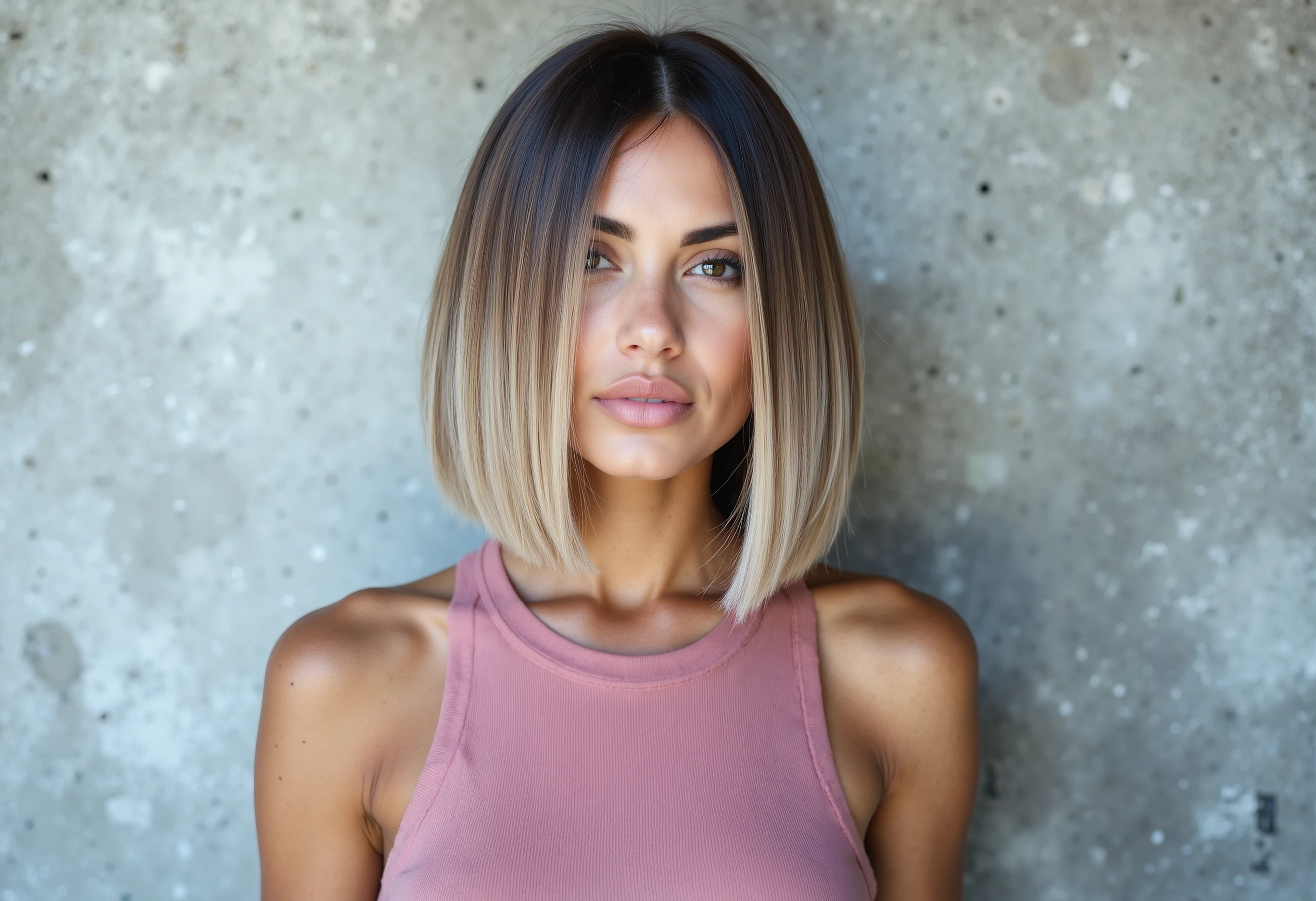 beautiful woman with haist001 sleek and straight blunt-cut bob. The hair transitions from dark brown roots to icy blonde tips, with a smooth, silky texture. Chin-length with a slight inward curve. wearing pink crop top.