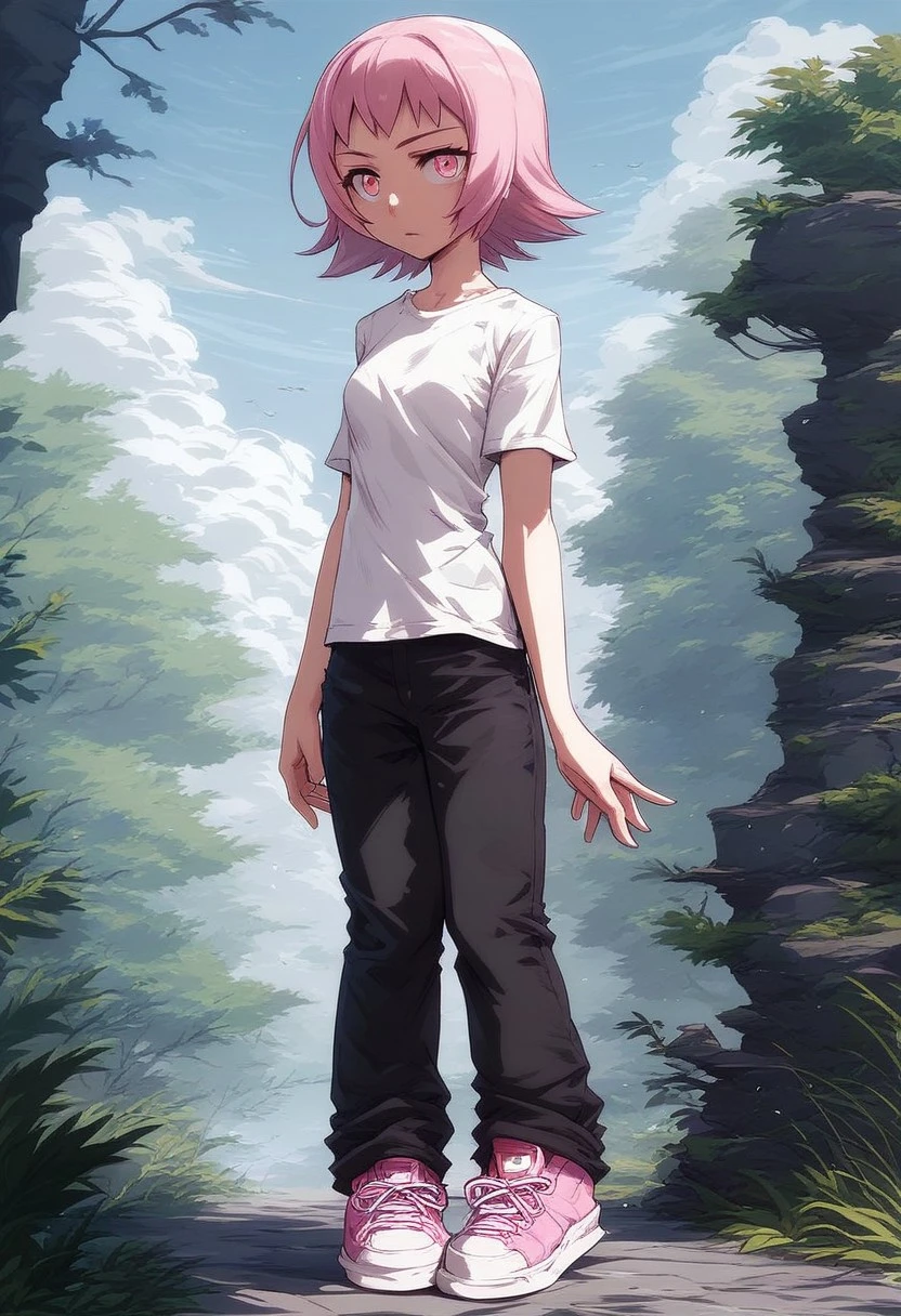 ,score_9, score_8_up, score_7_up, score_6_up, score_5_up,(solo:1.9),1girl,
BREAK
Tamao Tamamura , pink hair, pink eyes, short hair, (small breasts),white shirt,short sleeves,black pants, pink sneakers,Standing,
BREAK
Prades blue sky