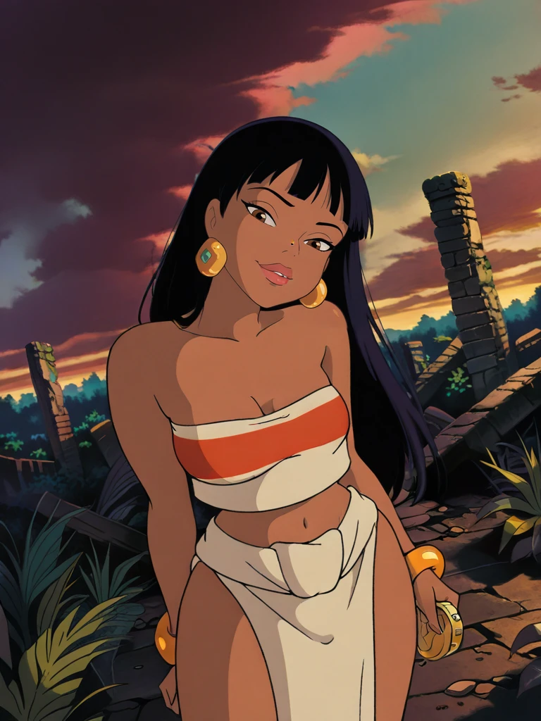 1girl, medium breasts, (ChelXL:1.1), long hair, black hair, bangs, brown eyes, dark skin, lips, earrings, tube top, strapless, midriff, bracelet, loincloth, pelvic curtain,
naughty face, dutch angle, naughty pose, looking at viewer, vegetation, jungle, ruins, sky, clouds, daylight, portrait, dynamic pose, cowboy shot, head tilt, holding a golden coins, from above, dutch angle,
<lora:Chel-ILV1:0.9> <lora:Ghibli_Harem_V1.0:1>