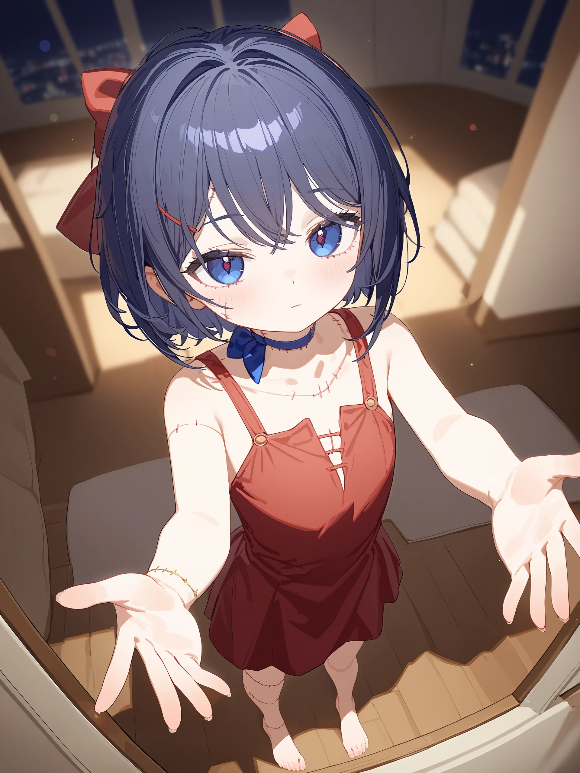 illustration, incredibly absurdres, ultra detailed, masterpiece, best quality, perfect features, intricate details, ray tracing, very aesthetic,  <lora:Char-Miside-Mita-V1-SDXL:1:hr=0.6>,  1girl,  mita \(miside\), solo, stitches, hair bow, short hair, amputee, blue choker, red sleeveless dress, barefoot, age down, reaching towards viewer, carry me, expressionless, standing, full body, pov, from above, living room, night, indoors, depth of field