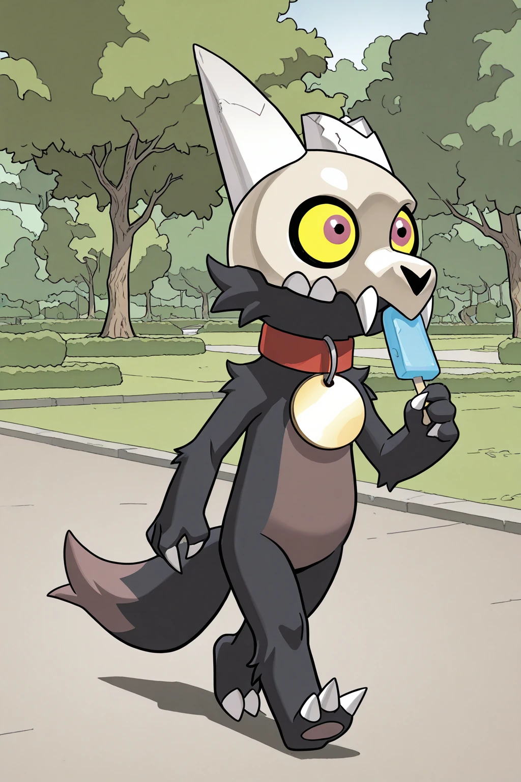 masterpiece, good quality, best quality, very awa, very as2, absurdres, highres
<lora:King ClawthorneilluLoRA:1>kngclw, skull helmet, teeth, pokemon (creature), colored sclera, red collar with circle pet tag, claws, tail, broken horn, walking, park, trees, holding a popsicle, smile
<lora:Carlos GomezStyleilluLYCO:1> cgstyle, (borderless), full body