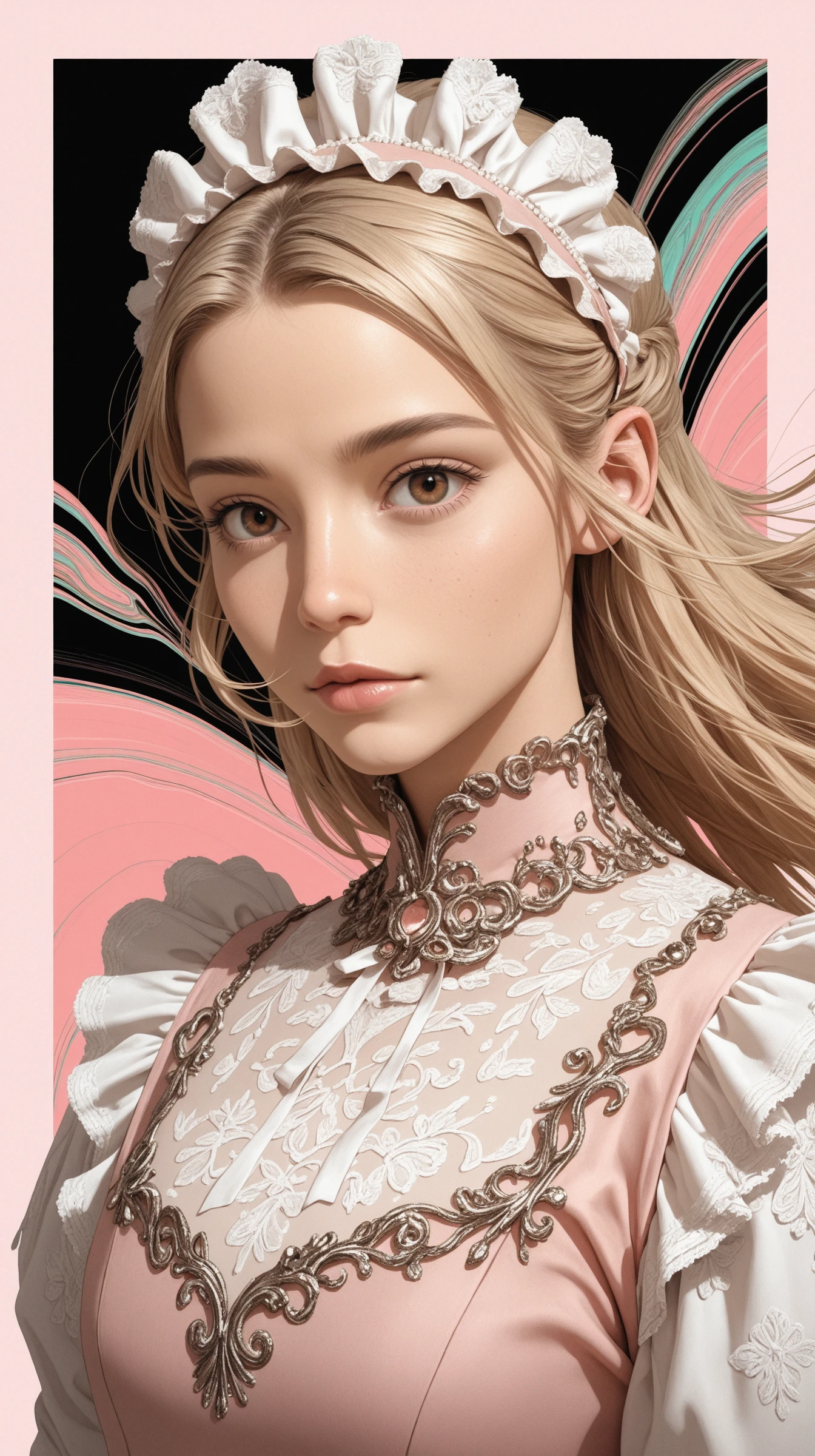 1girl, face, portrait, looking at viewer,
Glitch Art,, masterpiece,best quality,amazing quality,very aesthetic,absurdres,newest,detailed eyes, realistic body,
brown eyes, blonde, half updo hair, haute couture, maid dress, gothic dress, long sleeves, ruffles, maid hairband,
face focus, upper body view, dynamic angle,
(one giant square in background:1.4), abstract background, minimalistic composition, pastel pink background details, floating hair, futuristic print in background, heart patterns,
light from one side, dark shadow,
