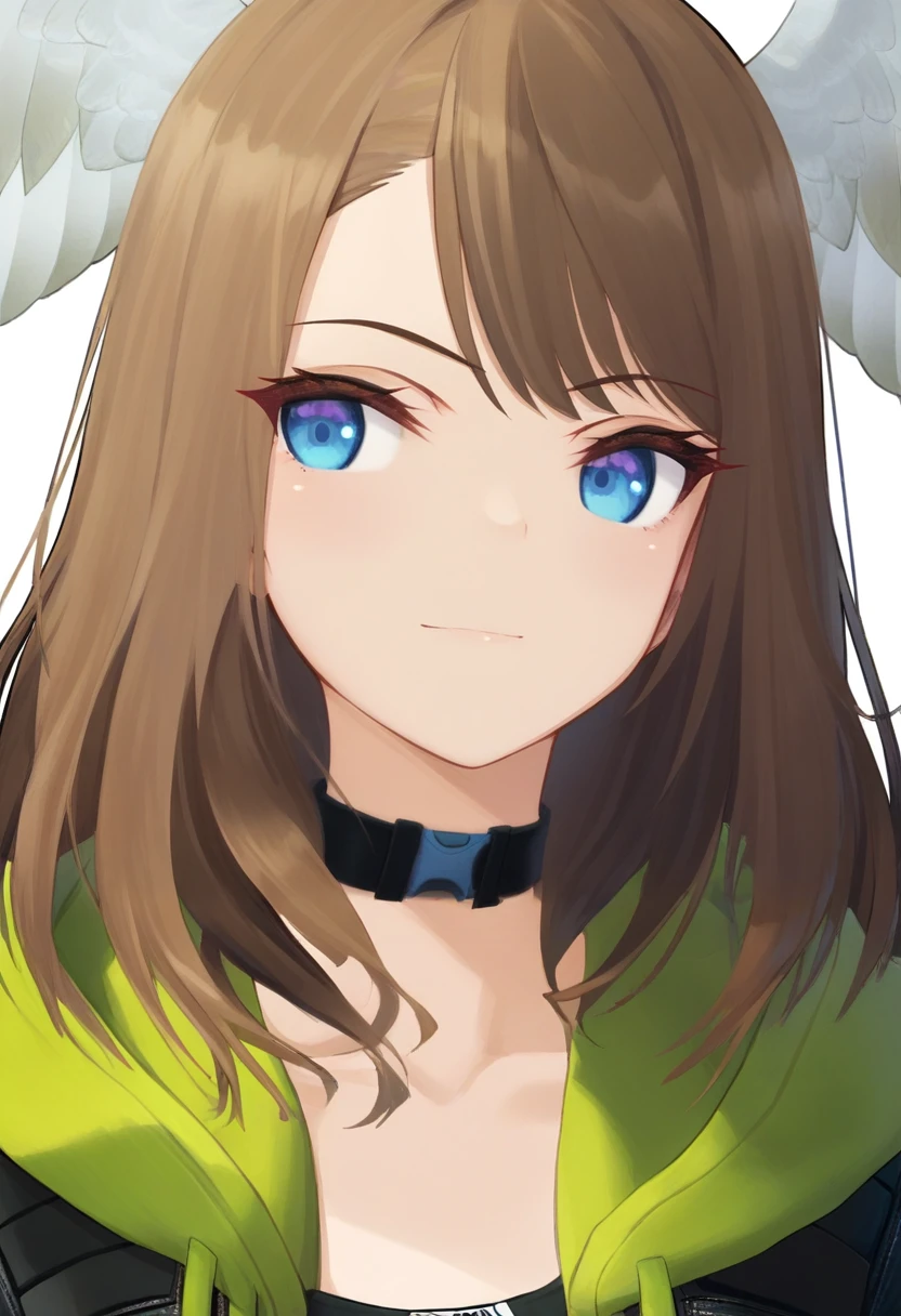 masterpiece, best quality, good quality, 1girl, solo, portrait, casual, leather jacket, green hoodie, black bodysuit, black choker, eunie, blue eyes, medium hair, head wings, simple background <lora:eunie illustrious 008:1>