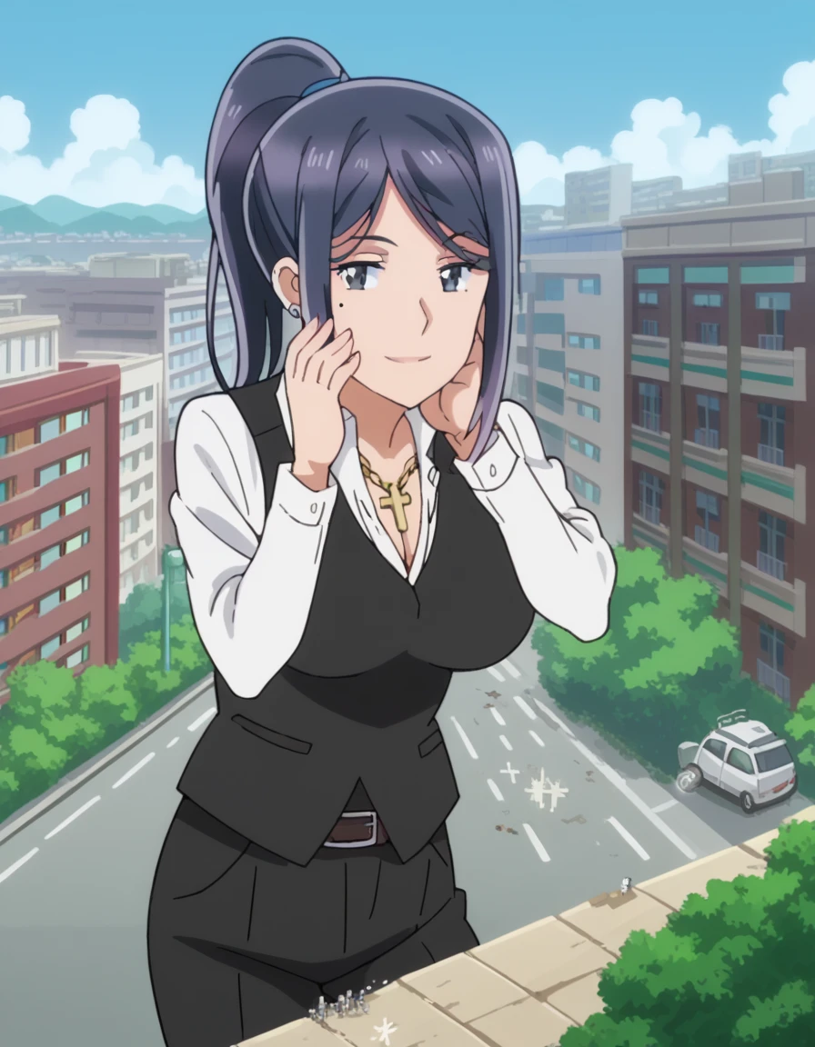score_9, score_8_up, score_7_up, source_anime, <lora:utako-sakura-s1-ponyxl-lora-nochekaiser:1>, utako sakura, large breasts, black hair, ponytail, mole, black eyes, mole under eye, anime screencap, shirt, cleavage, jewelry, earrings, belt, necklace, cross, cross necklace, vest, black vest, collared shirt, black pants,, sidewalk, pedestrians, city, street, walking, smile, <lora:giantess-ponyxl-lora-nochekaiser:1> giantess, giant, city, building, outdoors, destruction, sitting, squatting, hands on own cheeks,, looking at viewer, solo,, cowboy shot, solo