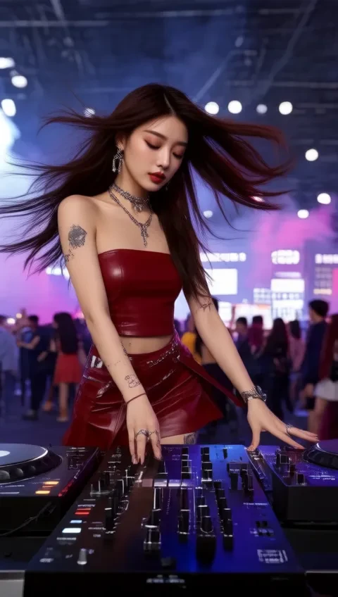 A young East Asian woman, 20-25 years old, with long, stylish dark brown hair and visible tattoos, is posing in a trendy all-red leather outfit. She is wearing a dark red leather tube top that reaches her navel. Her wrists are also wrapped in a dark red leather tube top. The dark red leather miniskirt is accented with an intricate silver necklace. A unique detail is the dark red leather ribbon that crosses and ties around her thighs. Completing the look are dark red lace-up platform leather combat boots, performing powerful, energetic dance moves while operating the DJ remix deck. Her gestures are full of confidence, her right hand adjusting the fader on the DJ deck while her left hand turns the audio control knob. She moves rhythmically to the vibrant music, combining seductive spins and strong hair flips, her eyes focused yet seductive. The DJ stage was modern, with multi-colored LED lights constantly moving to the rhythm of the music. Behind her was a large screen displaying vivid graphic effects, along with smoke and laser effects that created an explosive feeling. The crowd below continuously cheered and danced along, creating a passionate atmosphere, filled with the atmosphere of an electronic music festival.