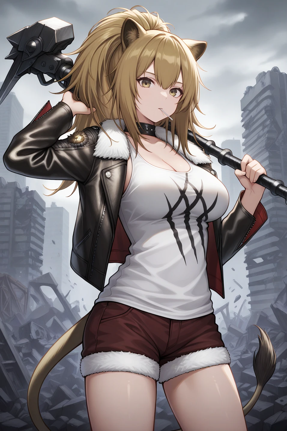 masterpiece, best quality, cowboy shot, looking at viewer, expressionless, eating, 1girl, si3g3, large breasts, lion ears, lion tail, yellow eyes, blonde hair, hair between eyes, sidelocks, ponytail, long hair, studded choker, black fur-trimmed jacket, leather jacket, open jacket, white tank top, cleavage, red fur-trimmed shorts, short shorts, holding weapon, huge weapon, war hammer, weapon over shoulder, lollipop, outdoors, overcast, grey sky, cloud, city, post-apocalypse, destruction, rubble, debris, skyscraper, <lora:Hoseki_Arknights_Siege_lllustriousXL:1>