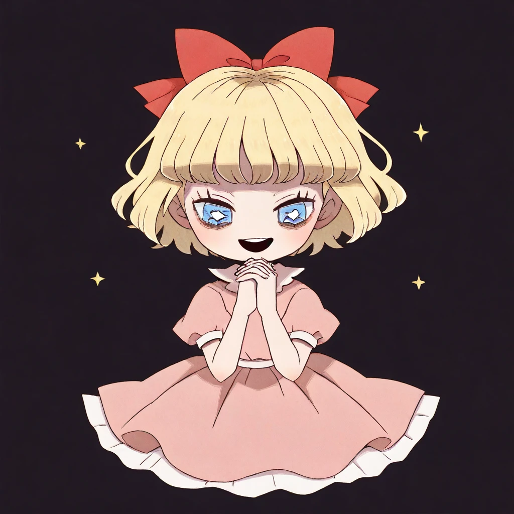 <lora:Eleanor:1> eleanor
BREAK
<lora:Paula:1> paulajonesmother2, 1girl, solo, blonde hair, blue eyes, short hair, pink dress, bow, hair bow, red ribbon, short sleeves
BREAK
Resting head on hands, Laughing:1.2