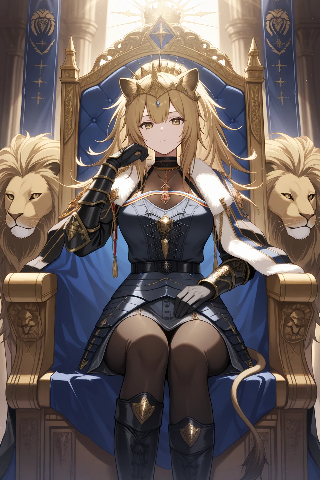 masterpiece, best quality, cowboy shot, looking at viewer, expressionless, 1girl, si3g3, large breasts, lion ears, lion tail, yellow eyes, blonde hair, hair between eyes, sidelocks, ponytail, long hair, fringe trim, hair ornament, crown, head chain, two-sided cape, black cape, blue cape, crest, blue armored dress, see-through cleavage, criss-cross straps, black belt, faulds, vambraces, black gloves, black pantyhose, knee boots, sitting, indoors, throne room, banner, throne, animal, lion, sunlight, sunbeam, <lora:Hoseki_Arknights_Siege_lllustriousXL:1>