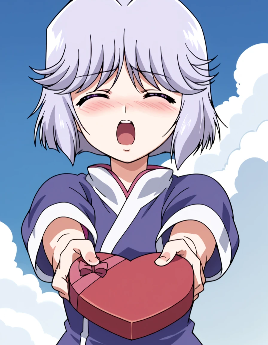 score_9, score_8_up, score_7_up, source_anime, <lora:hinano-hiiragi-ova-ponyxl-lora-nochekaiser:1>, hinano hiiragi, short hair, purple eyes, light purple hair, mature female, small breasts, anime screencap, <lora:heart-shaped-box-ponyxl-lora-nochekaiser:1>, heart-shaped box, holding, box, gift, valentine, incoming gift, closed eyes, blush, open mouth, outstretched arms, outdoors, night sky, clouds, shouting,, , cowboy shot, solo