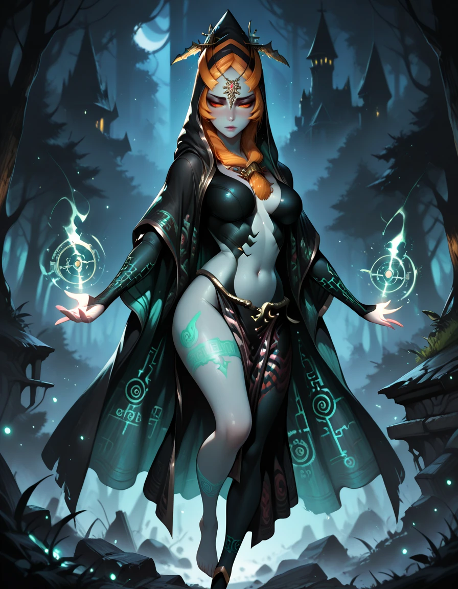 masterpiece, best quality, 1girl, solo, absurdres,
midnadg,
large breasts,
red eyes, colored sclera, yellow sclera, makeup, blue skin,colored skin,
hood, cloak, cape, leg tattoo, bridal gauntlets, toeless legwear, asymmetrical legwear, pelvic curtain, barefoot,
straight-on , shy, half-closed eyes , Jumping with arms to the side ,
night,
castle, ruins, forest, village, runes,
magic,
lips,
glowing, dim_lighting, light particles, neon lights, glowing tattoo,
blurry background,
embedding:SmoothQuality,