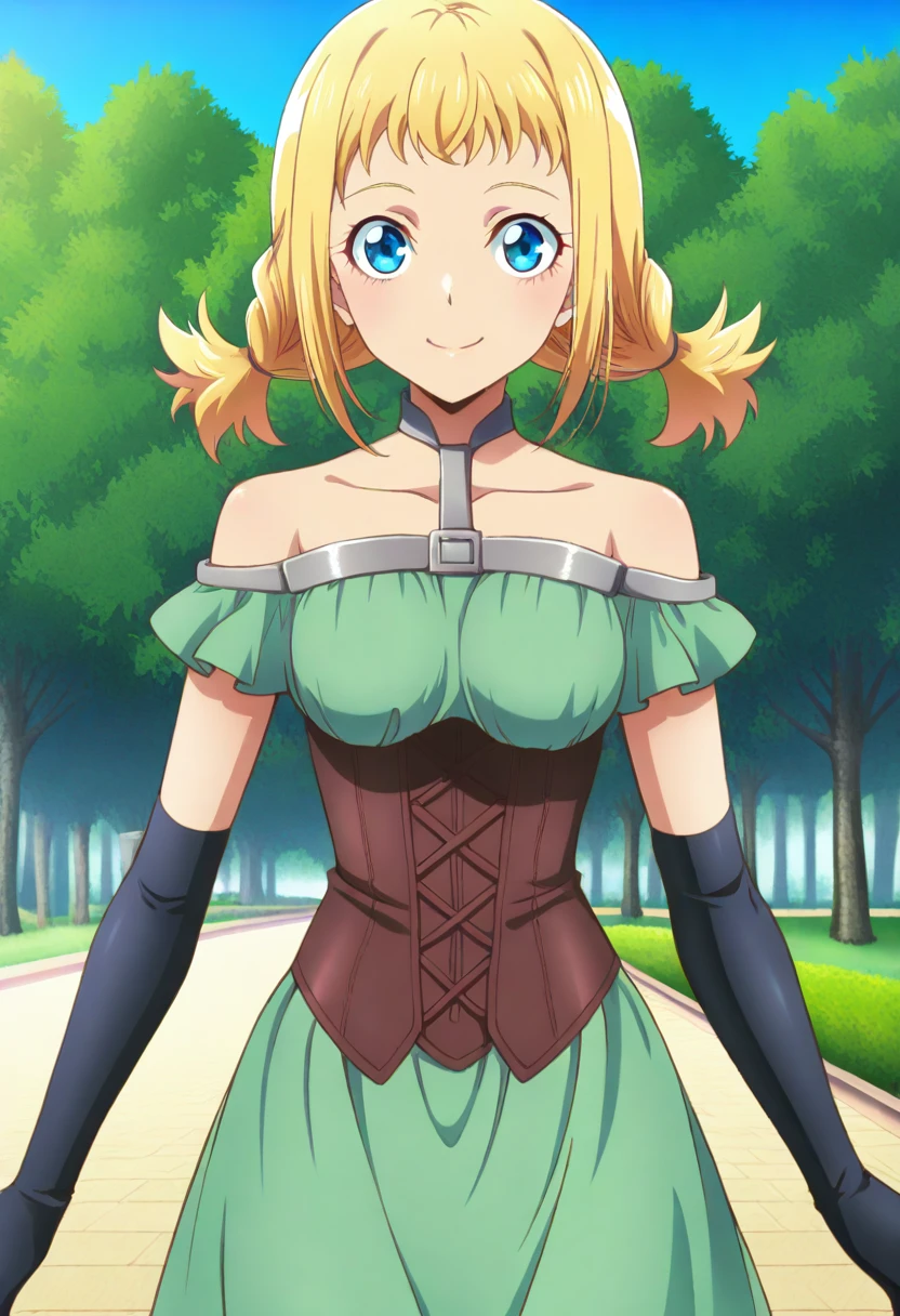 masterpiece, best quality, anime screenshot, anime, <lora:Penelo  [Illustrious] - Final Fantasy XII:1>, P3nel0, 1girl, solo, twintails, green dress, off-shoulder dress, corset, elbow gloves, black gloves, standing, arms at sides, standing, looking at the viewer, outdoors, park, blue sky, smile, cowboy shot
