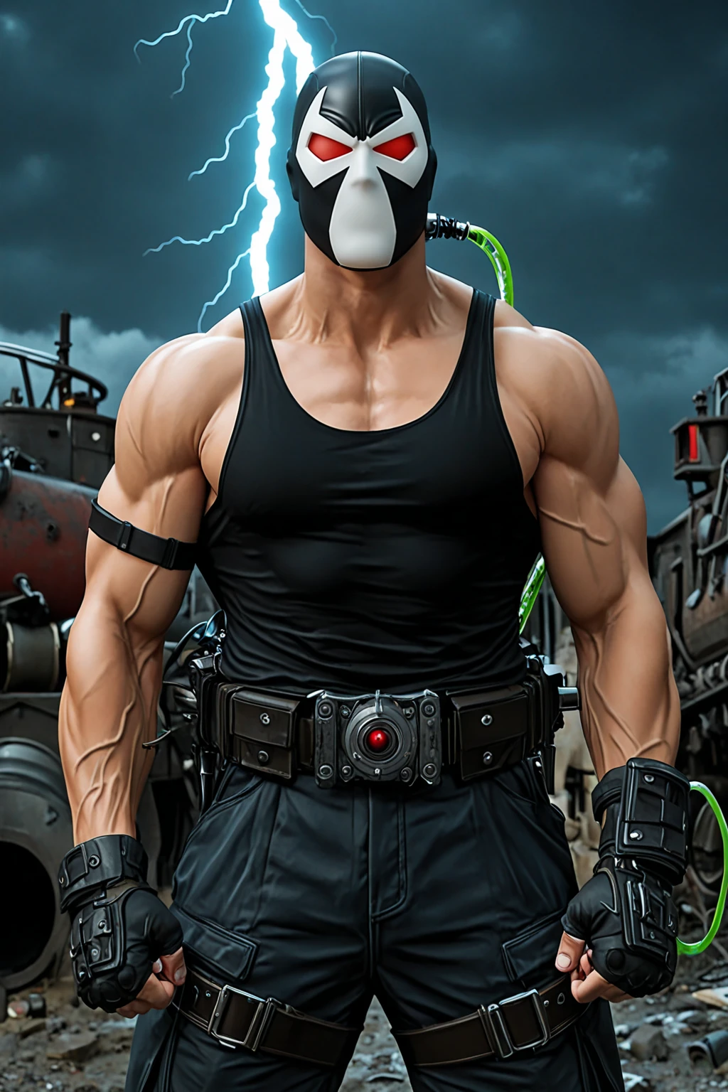 masterpiece, good quality, best quality, very awa, very as2, absurdres, highres, 3d
<lora:Bane DC ComicsilluLoRA:1>bne, mask,red eyes, blank eyes, tube, cable, tank top, veins, fingerless gloves, belt, pants, crossed arms, dark sky, night, lightning