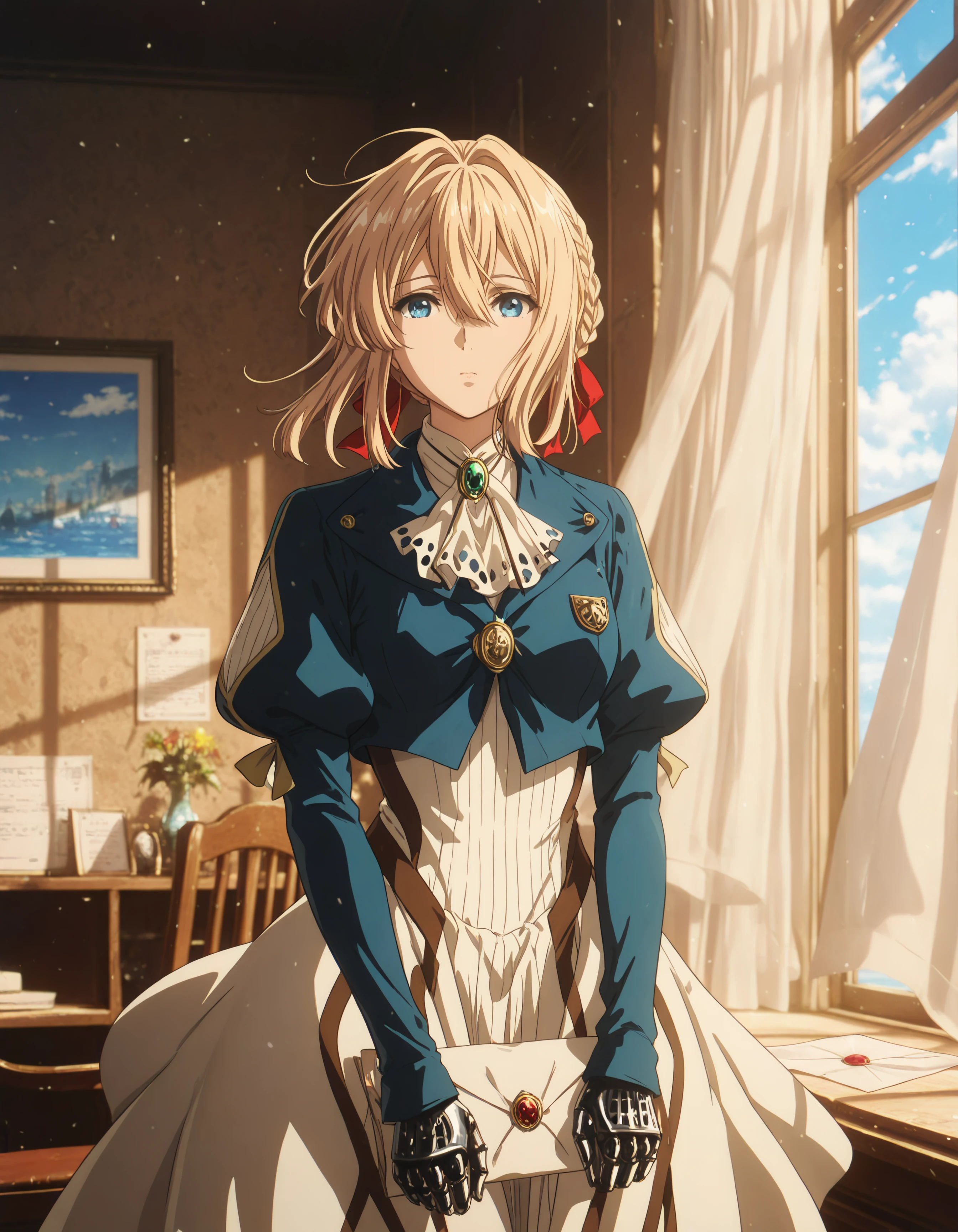 blonde hair, voilett, big blue eyes, silver prosthetic arms, blue eyes, 1girl, solo, looking_at_viewer, short_hair, blue_eyes, skirt, blonde_hair, long_sleeves, dress, holding, ribbon, hair_between_eyes, closed_mouth, jewelry, standing, jacket, braid, hair_ribbon, sky, indoors, puffy_sleeves, medium_hair, cloud, blurry, blue_sky, red_ribbon, ascot, window, floating_hair, hair_intakes, chair, white_skirt, blue_jacket, juliet_sleeves, curtains, gem, brooch, wind, paper, white_ascot, prosthesis, holding_paper, letter, holding_own_arm, envelope, green_gemstone, open_window, mechanical_hands, bolo_tie, holding_envelope, lapel_pin, flying_paper,
hdr, low contrast, masterpiece, best quality, absurdres, highres, perfect anatomy, anime style, anime screenshot, 8k wallpaper, ultra high quality, extremely detailed cg, perfect lighting, (sharp image)