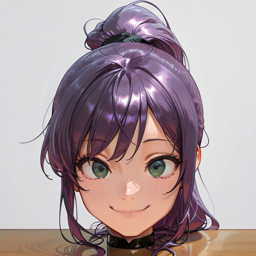 score_9, score_8_up, score_7_up, (solo), (1girl), purple hair, long hair in ponytail, green eyes, expressive eyes,
(Disembodied head), (subtle smile), sitting on table top,
(only head in frame), (head focus),
(gray background),
(masterpiece), (amazing artwork),
