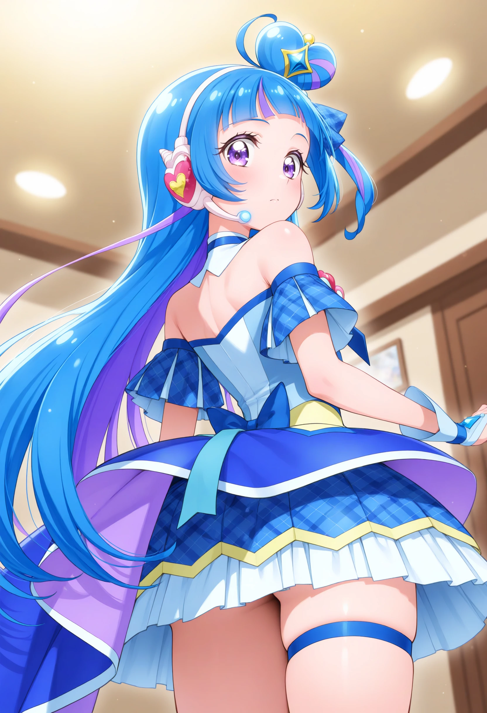 cure wink, kimi to idol precure, blue hair, magical girl, mini crown, purple eyes, blue dress, tilted headwear, very long hair, blunt bangs, bare shoulders, hairband, two-tone hair, purple hair, jewelry, idol clothes, idol, headset, thigh strap,<lora:curewink_Illust_v1:0.8>
masterpiece, best quality, newest, absurdres, CG, anime, source anime, illustration,
from behind, cowboy shot, looking back, surprised, residential area, closed mouth