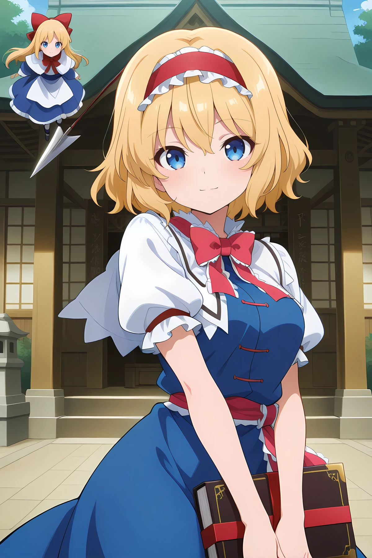 absurdres, highres, masterpiece, best quality, amazing quality, official anime artwork, screencap, anime screencap, outdoors, looking at viewer, light smile, dynamic pose, hakurei shrine,
<lora:Alice-Margatroid_Illustrious:1> alice margatroid, 1girl, solo, blonde hair, blue eyes, short hair, breasts,, white shirt, puffy short sleeves, white capelet, blue dress, red hairband, frilled hairband, red bowtie, sash, grimoire of alice, shanghai doll, polearm,