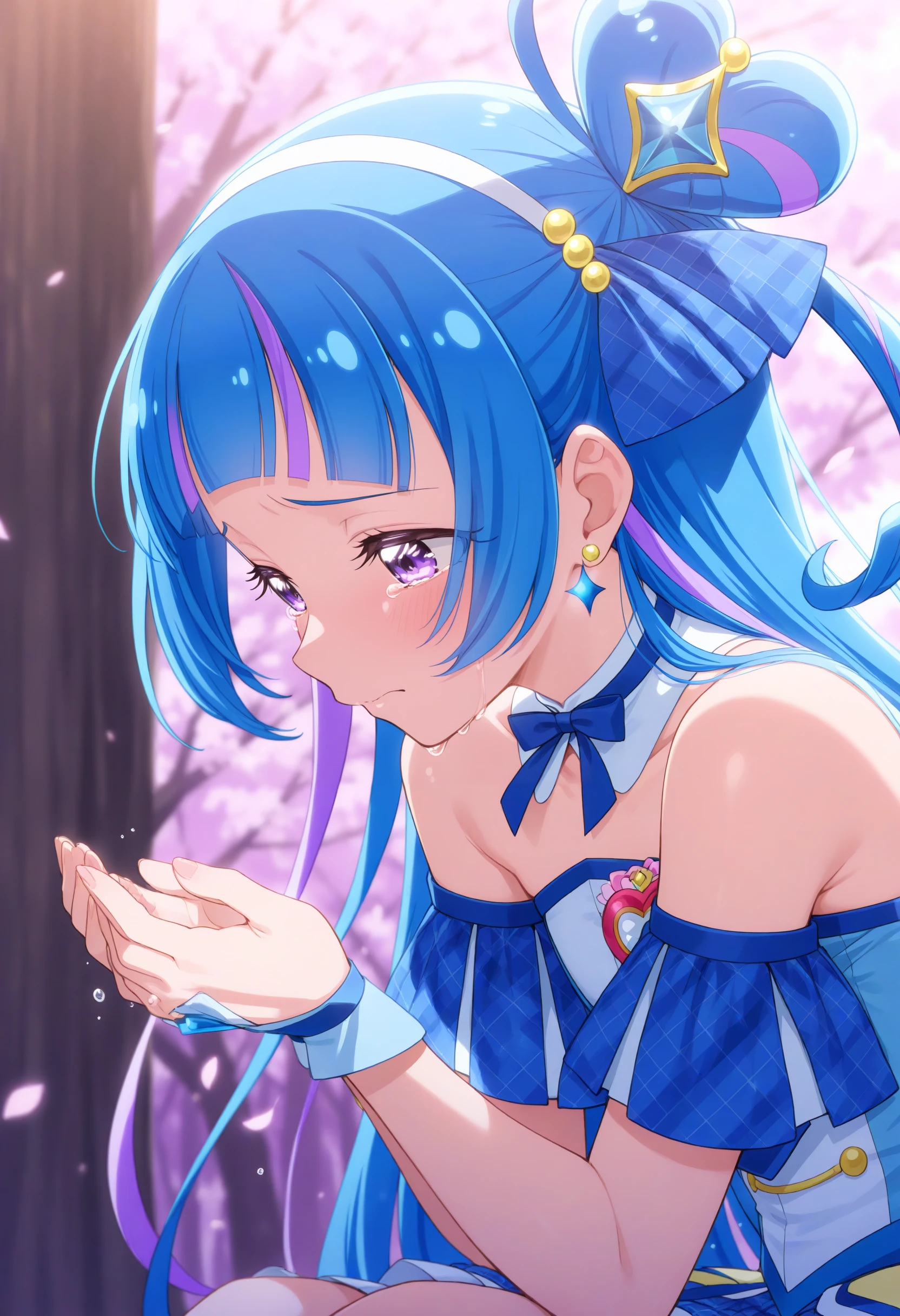 cure wink, kimi to idol precure, blue hair, magical girl, mini crown, purple eyes, blue dress, tilted headwear, very long hair, blunt bangs, bare shoulders, hairband, two-tone hair, purple hair, jewelry, idol clothes, idol, <lora:curewink_Illust_v1:0.8>
masterpiece, best quality, newest, absurdres, CG, anime, source anime, illustration,
from side, cinematic angle, looking away, sobbing, orchard, closed mouth