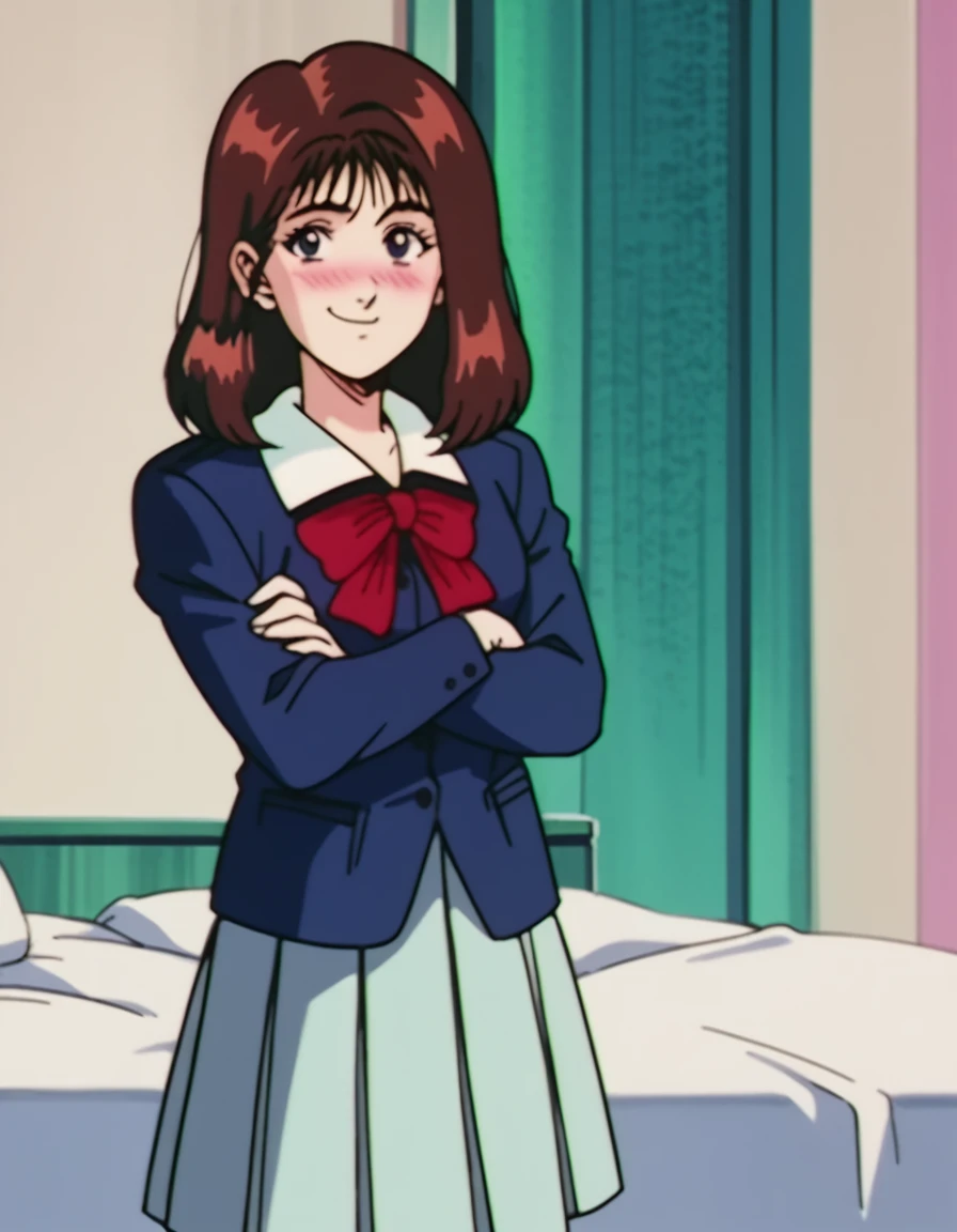 score_9, score_8_up, score_7_up, source_anime, <lora:haruko-akagi-s1-ponyxl-lora-nochekaiser:1>, haruko akagi, brown hair, medium hair, blue eyes, medium breasts, retro artstyle, anime screencap, skirt, shirt, long sleeves, bow, school uniform, jacket, pleated skirt, red bow, grey skirt, indoors, bed, bedroom, on side, blush, drunk, smile, crossed arms, smug, looking at viewer, solo,, cowboy shot, solo