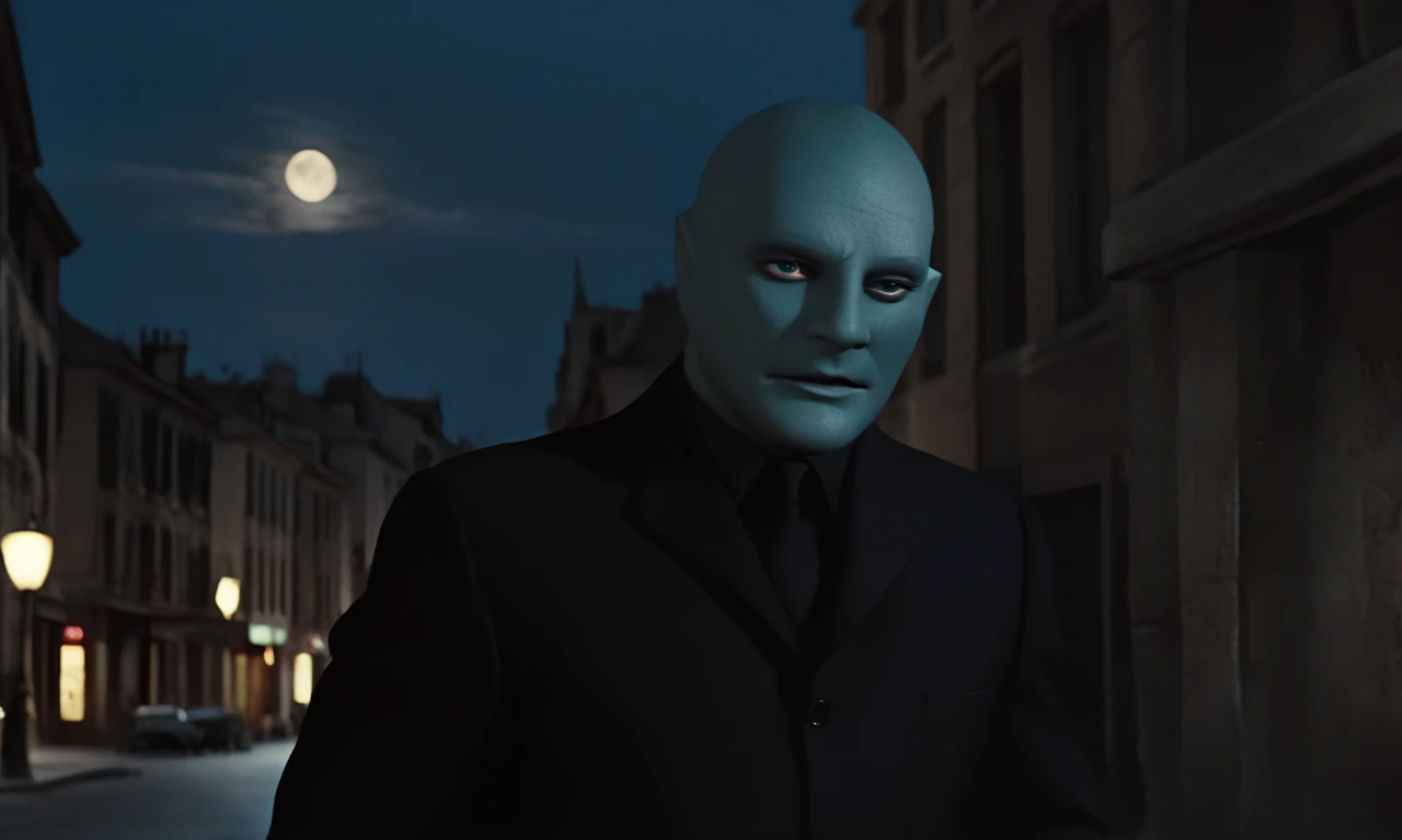 <lora:Fantomas_SDXL:0.8> fantomas, Fantomas, a criminal mastermind in motion, wearing an elegant black suit, running through a dimly lit cityscape at night, blue skin glowing faintly in the moonlight, intense expression, shadowy and suspenseful atmosphere, cinematic action shot, noir aesthetic, best quality, best resolution, extremely detailed, detailed face, detailed eyes, masterpiece, crisp focus, 4k, detailxl, eyedetailpxl