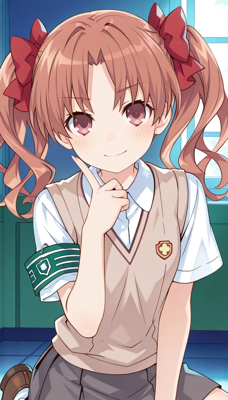 (masterpiece),best quality,amazing quality,very aesthetic,absurdres,newest,perfect body,shiny skin,perfect eyes,detail1eye,well-defined fingers,well-defined fingernails,anime style,indoors,1girl,solo,upper body,(portrait:1.5),looking at viewer,facing viewer,smile,blush,Tsunako style,Shirai Kuroko,long hair,pink hair,wavy hair,twintails,hair bow,red bow,hair ribbon,red ribbon,parted bangs,pink eyes,tokiwadai school uniform,brown sweater vest,white shirt,collared shirt,armband,short sleeves,small breasts,miniskirt,grey skirt,pleated skirt,ankle socks,loafers,<lora:Tsunako[style]-Illus:1.4>,<lora:Shirai Kuroko(tkr)-Illus:1.6>,