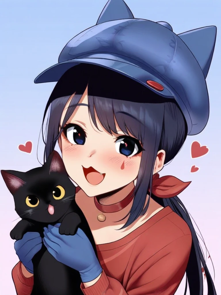 masterpiece,best quality,very aesthetic,highres,<lora:hatmita_ill:1>,hatmita, 1girl, solo, gradient background, purple background, blue background, upper body, holding animal, blush, happy, fang, open mouth, facial tattoo, teardrop tattoo, blue gloves, choker, artist name, cuddling, cat, heart, blue hat