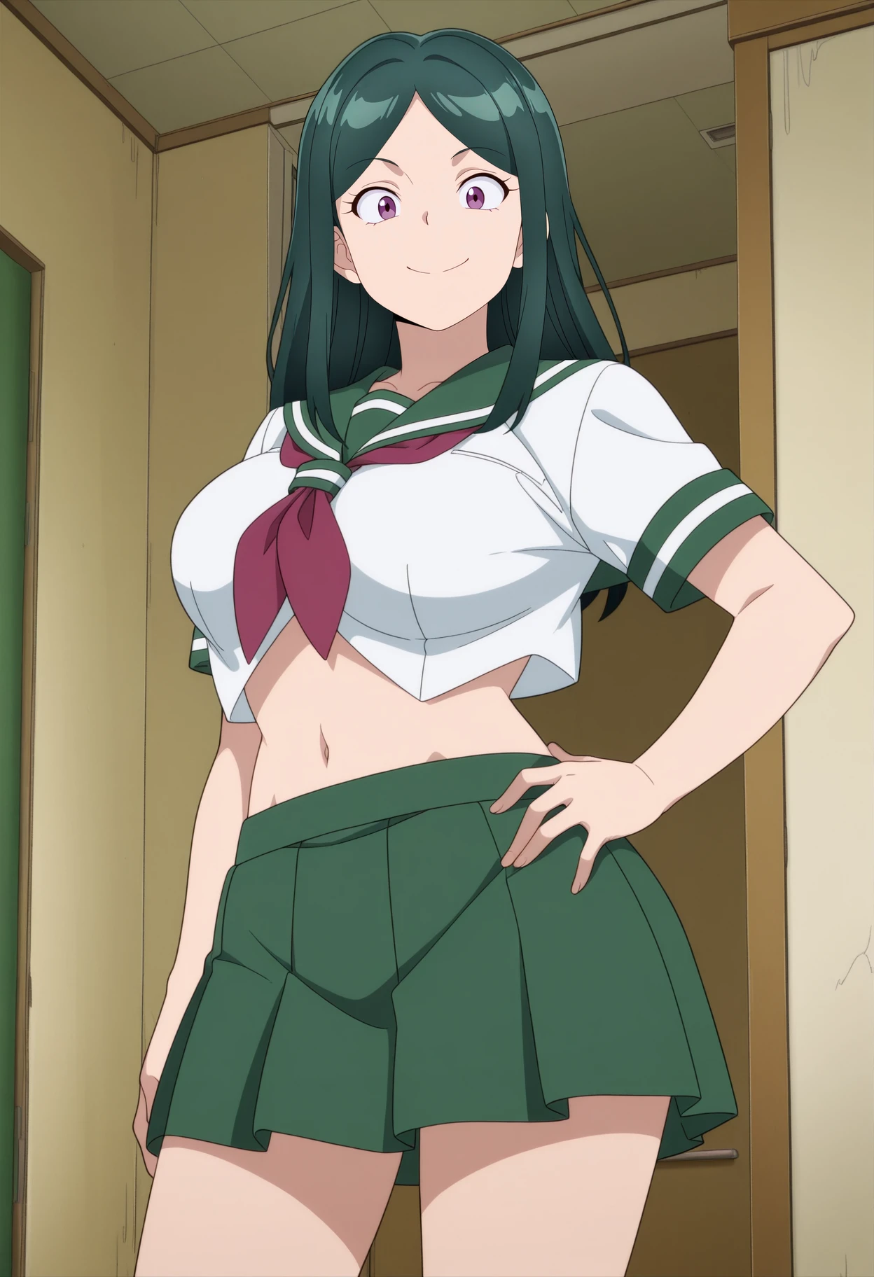 best quality, masterpiece, portrait, 
1girl, midoriya inko, green hair,  short hair, short ponytail, green eyes, large breasts, curvy, plump, shirt, apron, indoors, kitchen, looking at viewer, smile, grab breasts, sexy smile, upskirt focus view, pink striped panties, wet panties, panties close focus, under view, skirt lift, wet legs, spread legs, wet panties 
