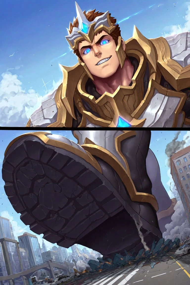 solo, 1boy, muscular blue eyes,glowing eyes,bara, god-king_garen, short hair, brown hair, smirk, looking at viewer, parted lips, BREAK, god-king armor,god-king helmet,shoulder armor,gauntlets,transparent cape,armor,cape, helmet, comic, 2koma, face close-up, BREAK, cityscape, city destruction, mass destruction, fire, smoke, crosswalk, bridge, buildings, blue sky, cloud, smoke, vivid color, imminent stomp, shoe sole, perspective, from below, BREAK, giant male, 1giant, building size, BREAK, (artist: mazjojo: 1.2), zawar379, won, impasto, BREAK, , dynamic, cinematic, dutch angle, very awa, masterpiece, best quality, absurdres, newest, perfect quality, detailed background, intricate details