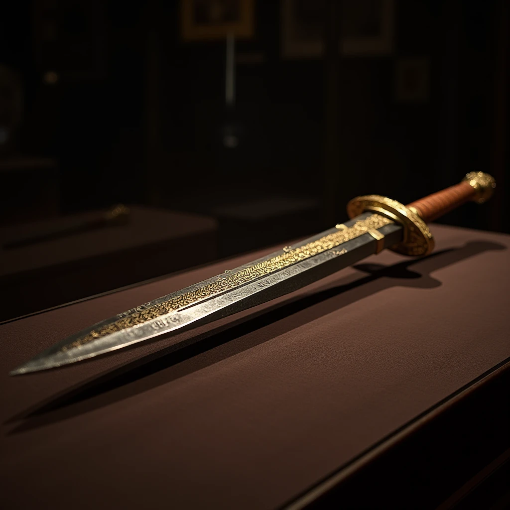 A **legendary sword** rests elegantly on a velvet-lined display stand, positioned **horizontally** in a grand exhibition hall. The soft glow of overhead lighting highlights the **exquisite craftsmanship** of the blade, making every detail visible.
The **hilt is a masterpiece of artistry**, crafted from **solid gold**, sculpted into the fierce and majestic **head of a dragon**, its scales finely etched, its piercing eyes seeming to burn with an eternal fire. The dragon’s mouth is slightly open, revealing sharp, miniature fangs, giving the weapon an aura of both nobility and destruction.
The **blade**, slightly curved and impossibly sharp, gleams under the dim exhibition lights, its **mirror-polished steel surface reflecting the surrounding glow**. The metal seems almost untouched by time, as if preserved by mystical means. Running along the length of the blade, **ancient cuneiform inscriptions** are deeply engraved into the steel, their cryptic symbols whispering forgotten tales of war, power, and conquest. The contrast between the **brilliant silver of the blade and the darkened engravings** creates an almost ethereal effect, as though the words themselves hold an untold power.
The sword is placed atop a **lacquered wooden stand**, accompanied by a **small golden plaque** displaying its name and historical significance. The **glass case surrounding it** ensures its preservation, while subtle reflections of light dance across the surface, enhancing the weapon’s mystique.
Visitors gather around in hushed reverence, mesmerized by the **majestic balance of power and beauty** in this artifact. Some gaze in awe at the **elegant curve of the blade**, others whisper theories about the **ancient inscriptions carved into the steel**—is it a lost language of an extinct civilization? A spell of protection? A warning?
The background is blurred, ensuring the **sharp focus remains entirely on the sword**, allowing its sheer presence to dominate the scene. Perhaps it was once wielded by **a forgotten king, an exiled warrior, or a divine champion**, but now it rests here, a silent relic of an age long past, its **story waiting to be uncovered**.
A hyper-realistic, cinematic, and emotionally captivating scene, capturing the power, mystery, and timeless elegance of a sword that holds the weight of history itself.